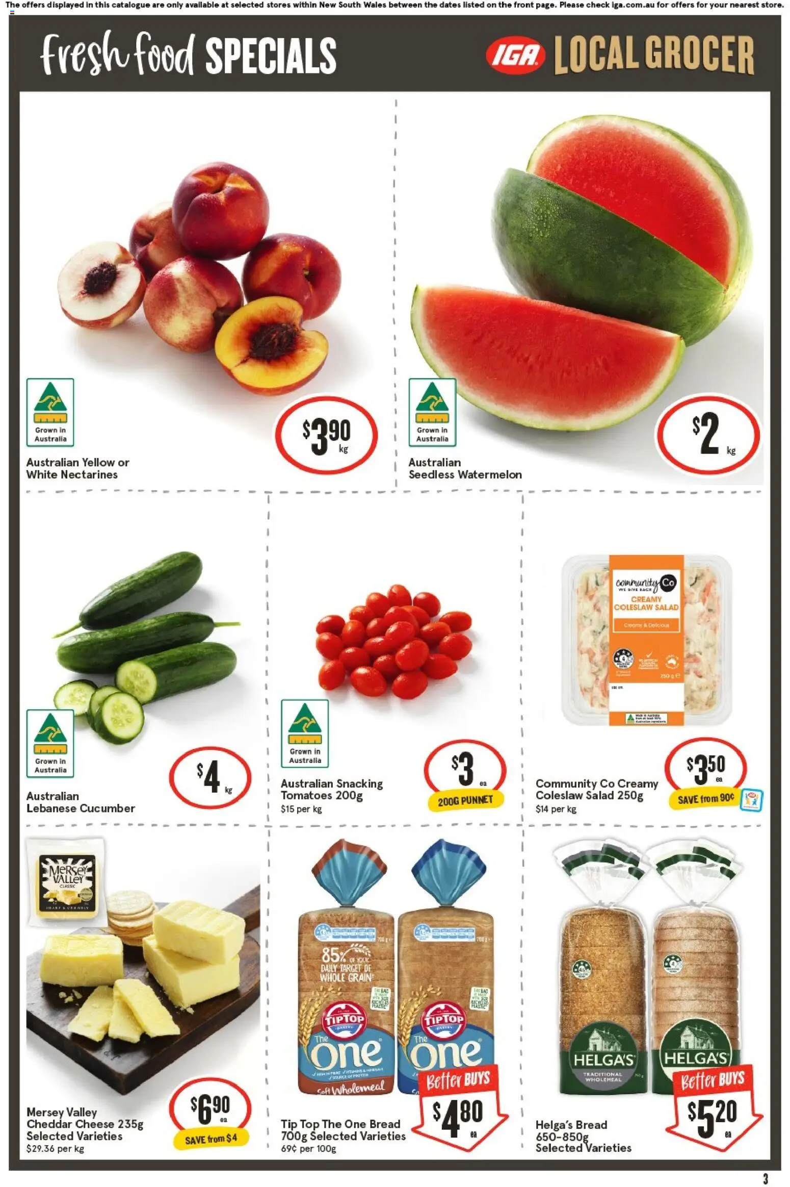 IGA catalogue - valid from 07.01.2026 | Page: 3 | Products: Cheese, Bread, Tomatoes, Watermelon