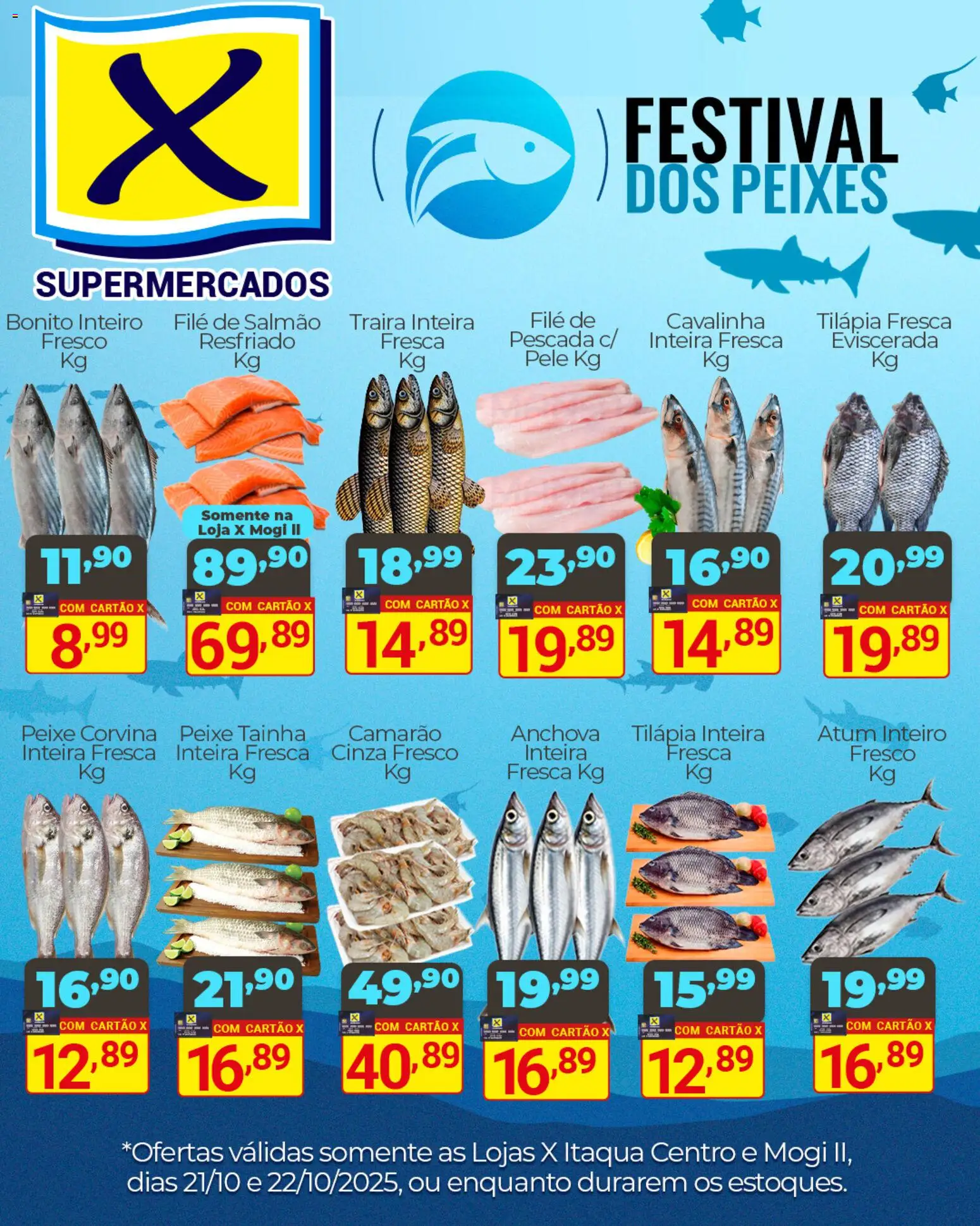X Supermercados Folheto - válido de 21.10.2025 | Página: 1 | Produtos: Salmão, Camarão, Tilápia, Atum
