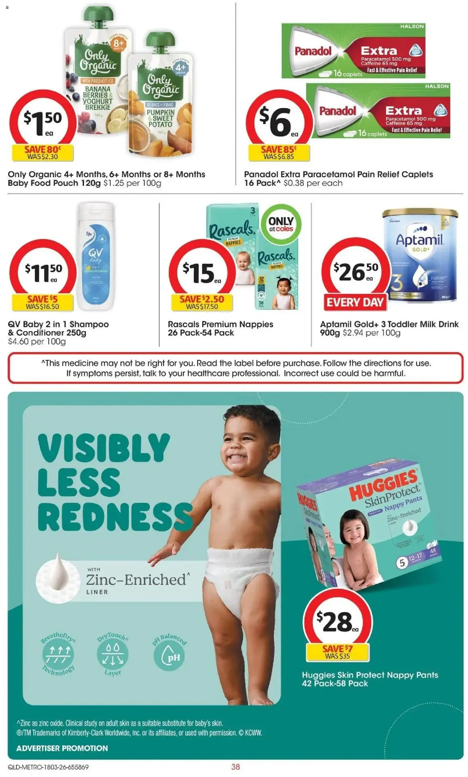 Coles catalogue - valid from 18.03.2026 | Page: 38 | Products: Milk, Shampoo, Baby food, Pain relief