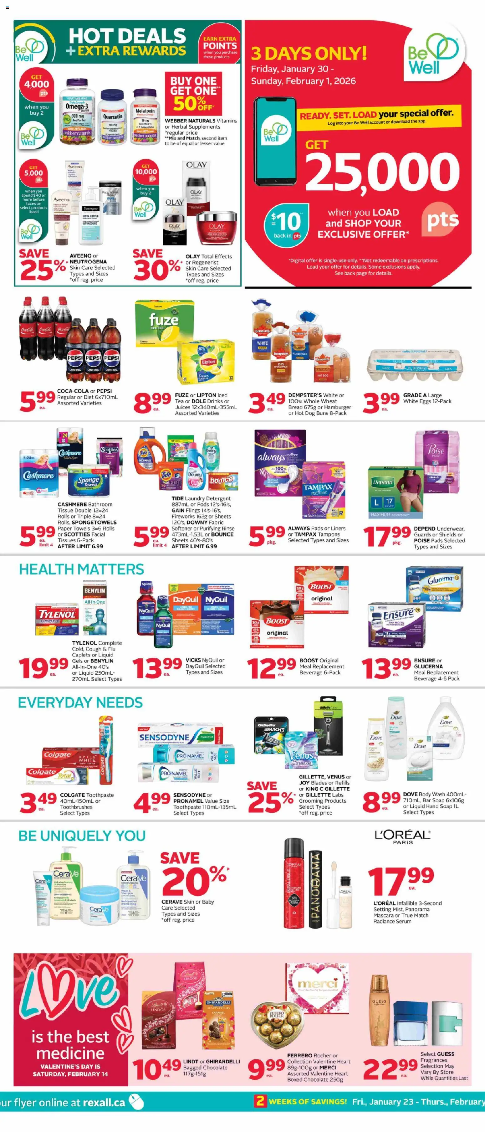 Rexall flyer valid from 30.01.2026 | Page: 1 | Products: Tea, Mascara, Toothpaste, Eggs