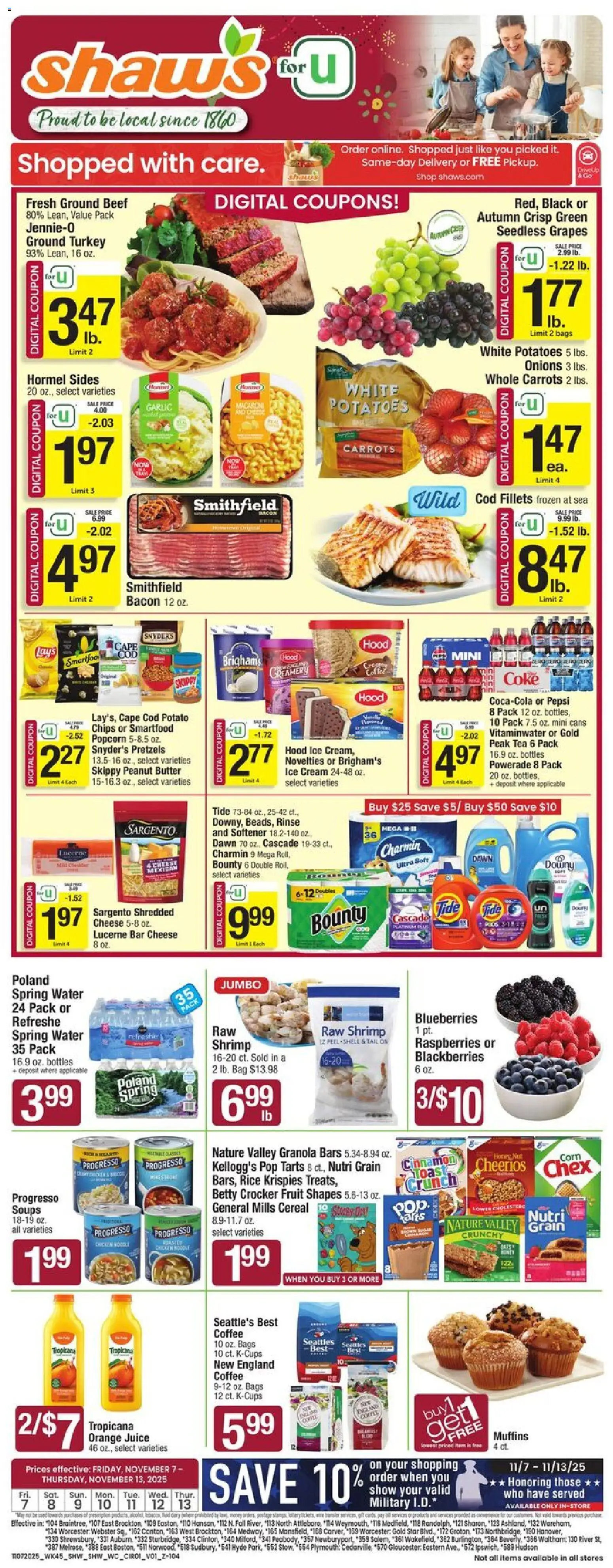 Shaw's Weekly Ad - valid from 07.11.2025 | Page: 1 | Products: Juice, Rice, Ice cream, Potatoes
