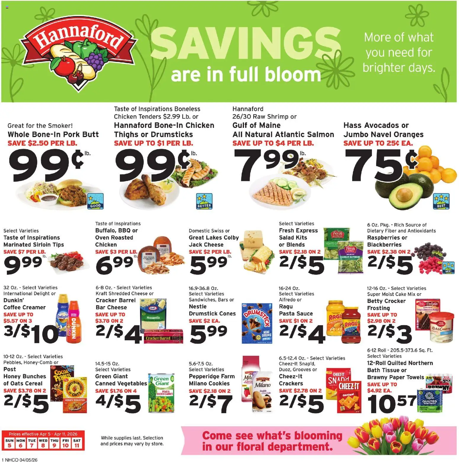 Hannaford Weekly Ad - valid from 05.04.2026 | Page: 1 | Products: Coffee, Oranges, Salad, Oven