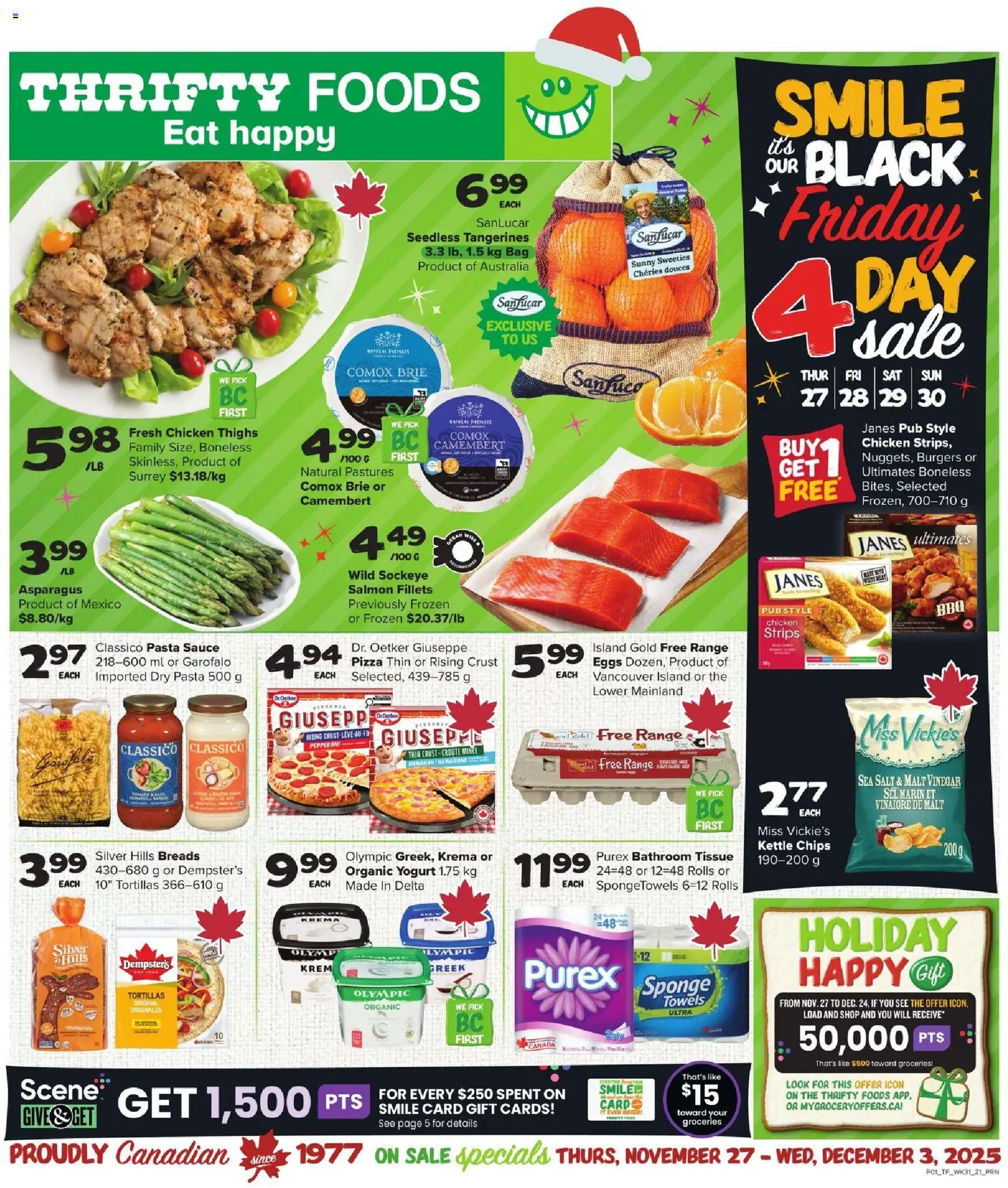 Thrifty Foods flyer valid from 27.11.2025 | Page: 1 | Products: Pasta, Chips, Tangerines, Bag