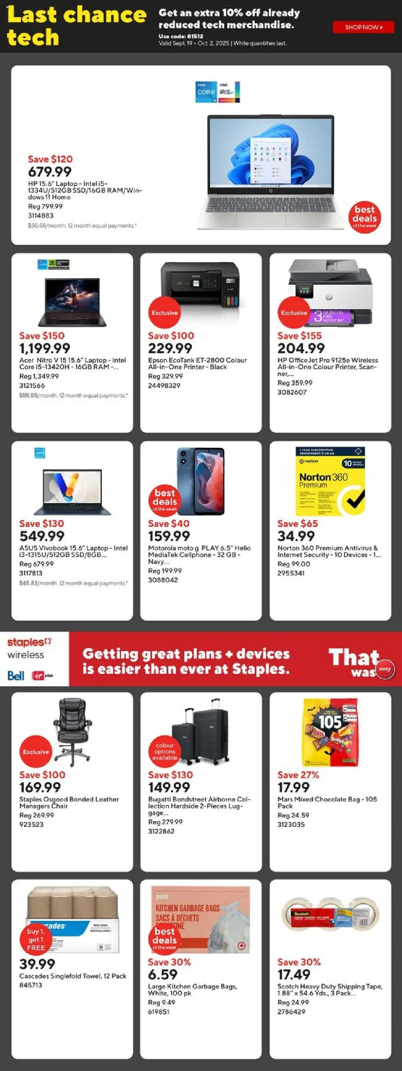 Staples flyer valid from 26.09.2025 | Page: 2 | Products: Printer, Bag, Chair, Chocolate