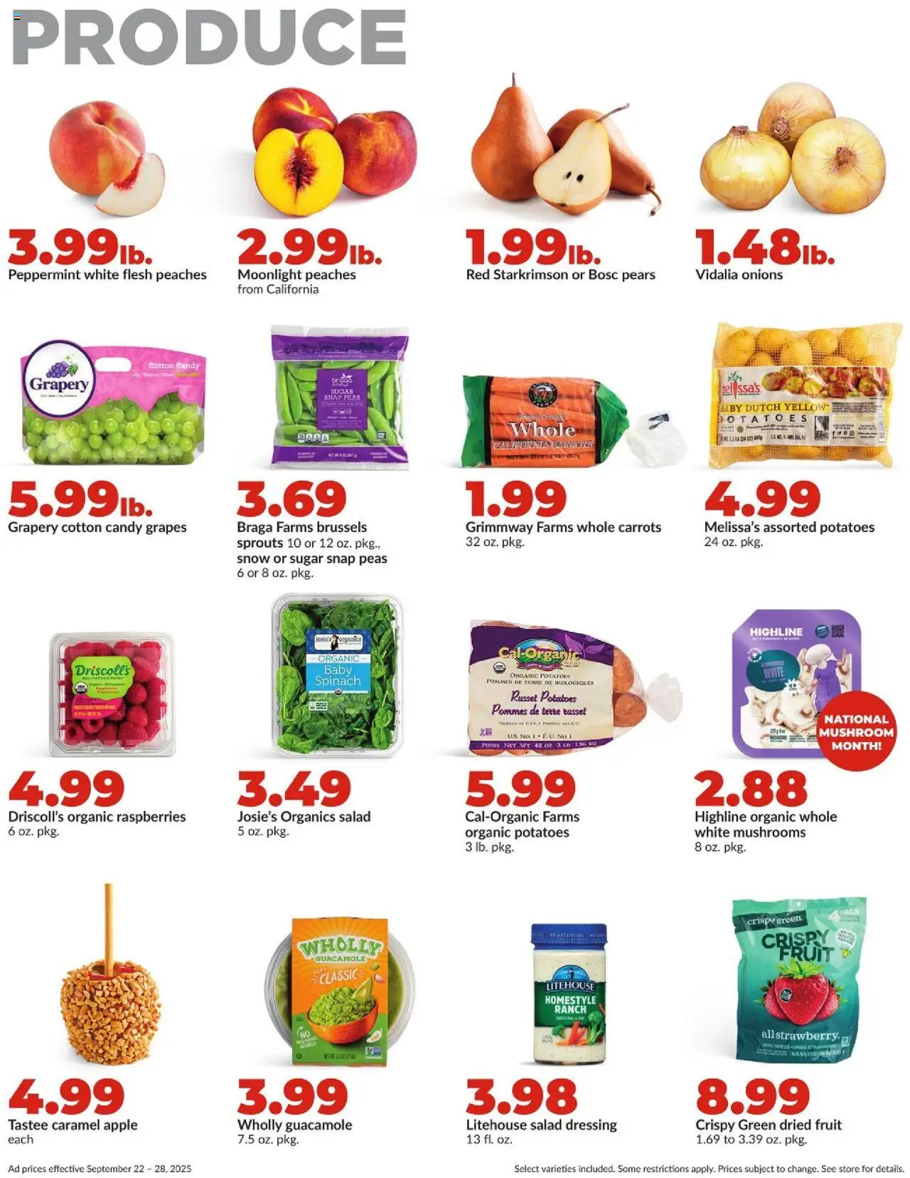 HyVee Weekly Ad - valid from 22.09.2025 | Page: 10 | Products: Peaches, Mushrooms, Spinach, Grapes