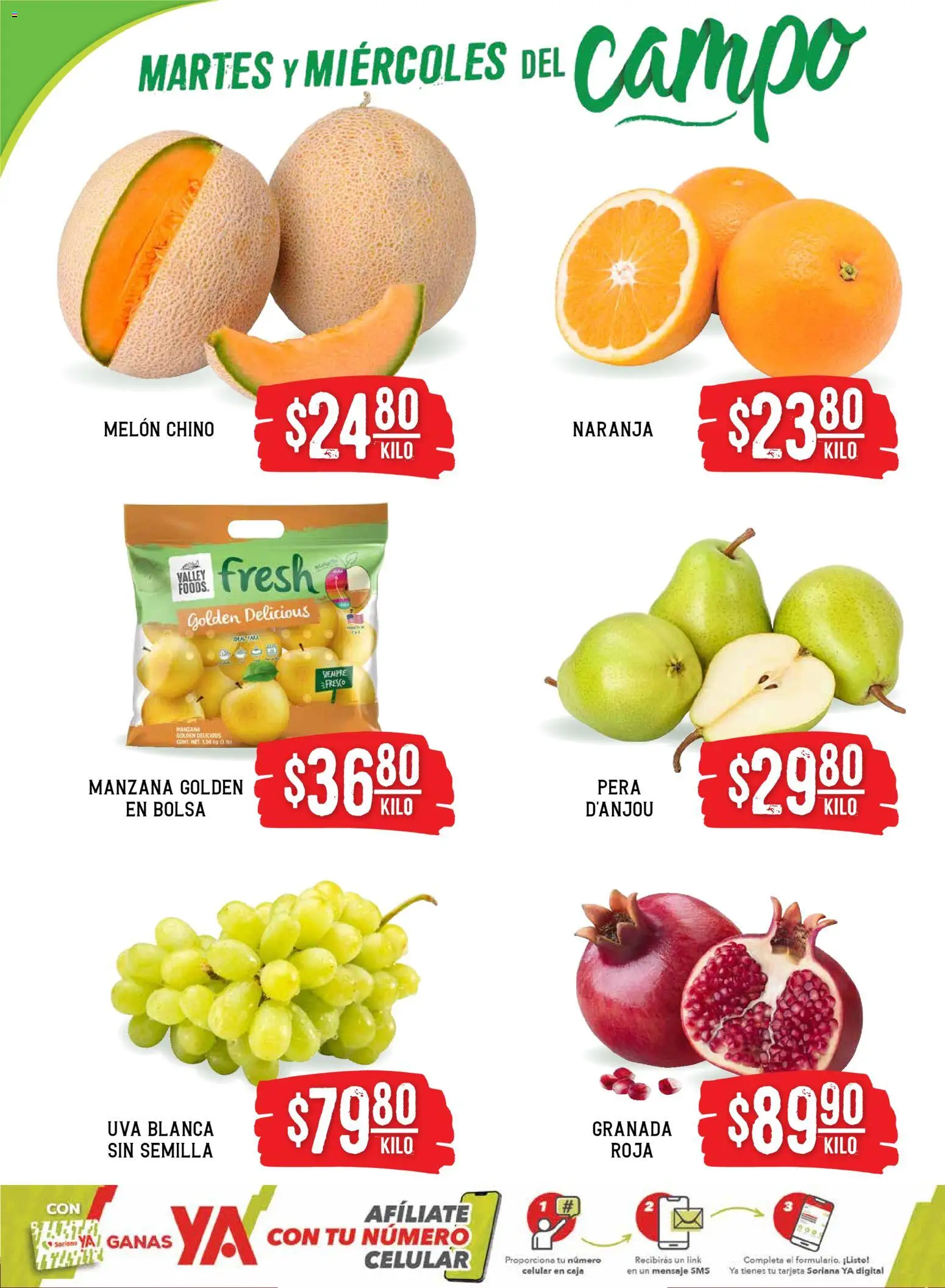 Nuevas ofertas de Soriana válidas en toda la República Mexicana desde el 25.11.2025. ¡Encuentra las mejores ofertas en Soriana - Martes y Miércoles del Campo Híper: Ags, Nay, Jal, Qro, Col, Mich, Gto, Hgo, Tlax, Mor, Pue, Gro, Oax, Edo. de Mex, Vall! | Página: 2 | Productos: Pera, Melón, Uva, Caja