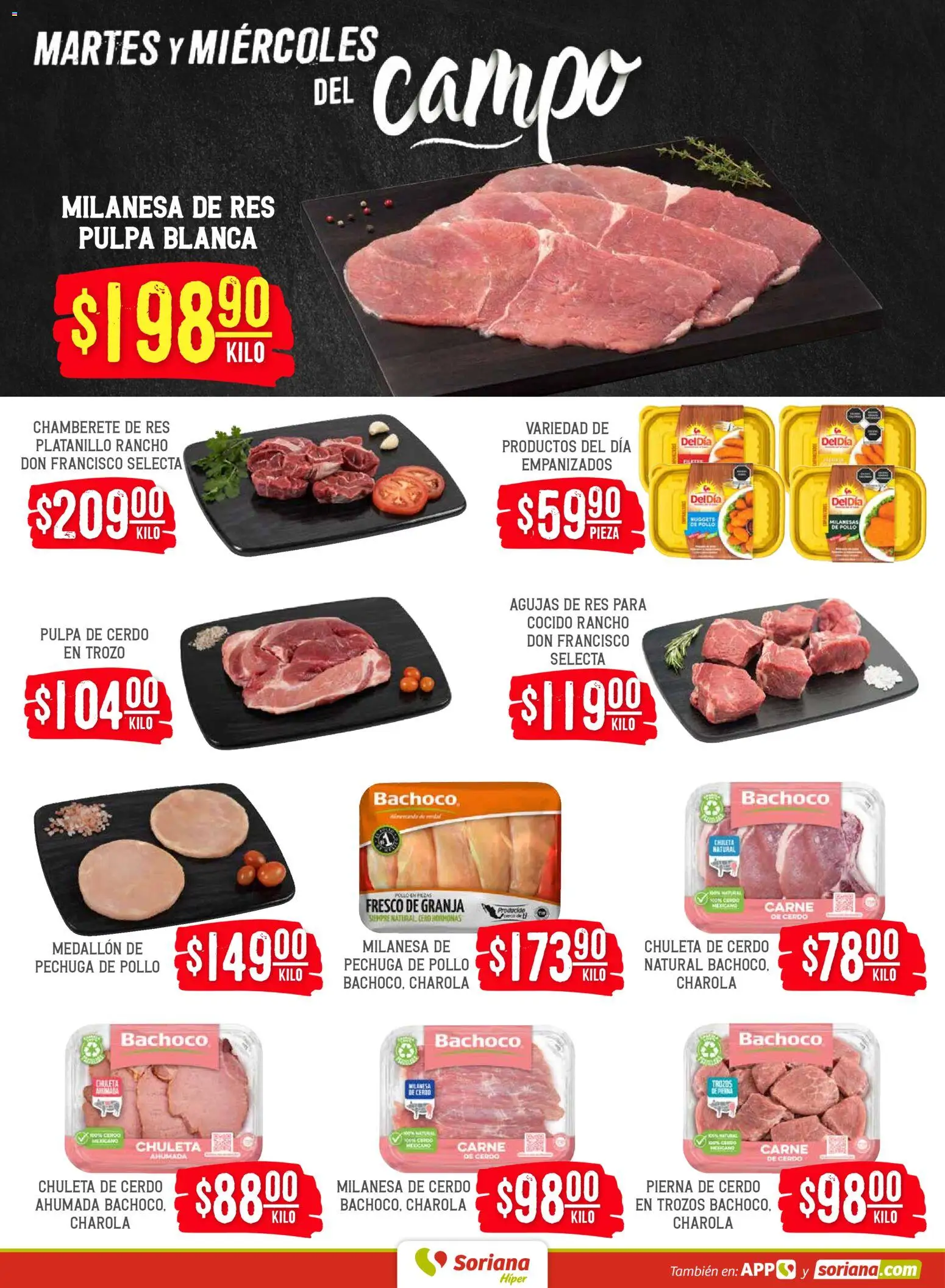 Nuevas ofertas de Soriana válidas en toda la República Mexicana desde el 28.04.2026. ¡Encuentra las mejores ofertas en Soriana Martes y Miércoles del Campo Híper: BCS, Son y Sin! | Página: 4 | Productos: Pollo, Milanesa, Cerdo, Res