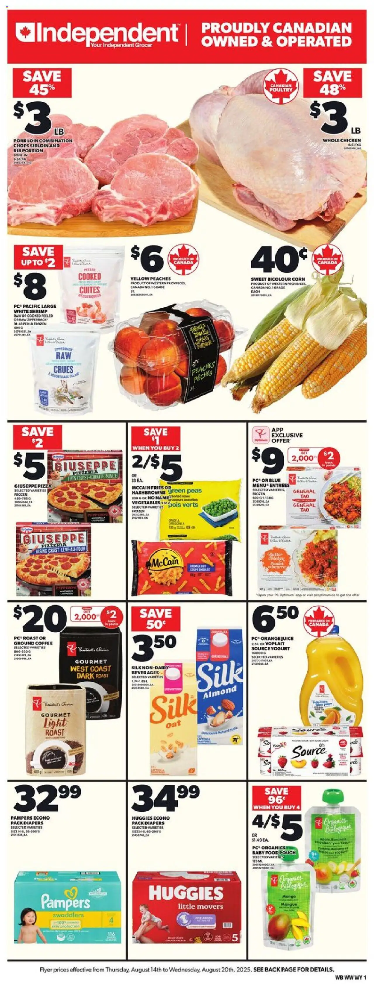 Independent Grocer flyer valid from 14.08.2025 | Page: 3 | Products: Coffee, Juice, Chicken, Pork