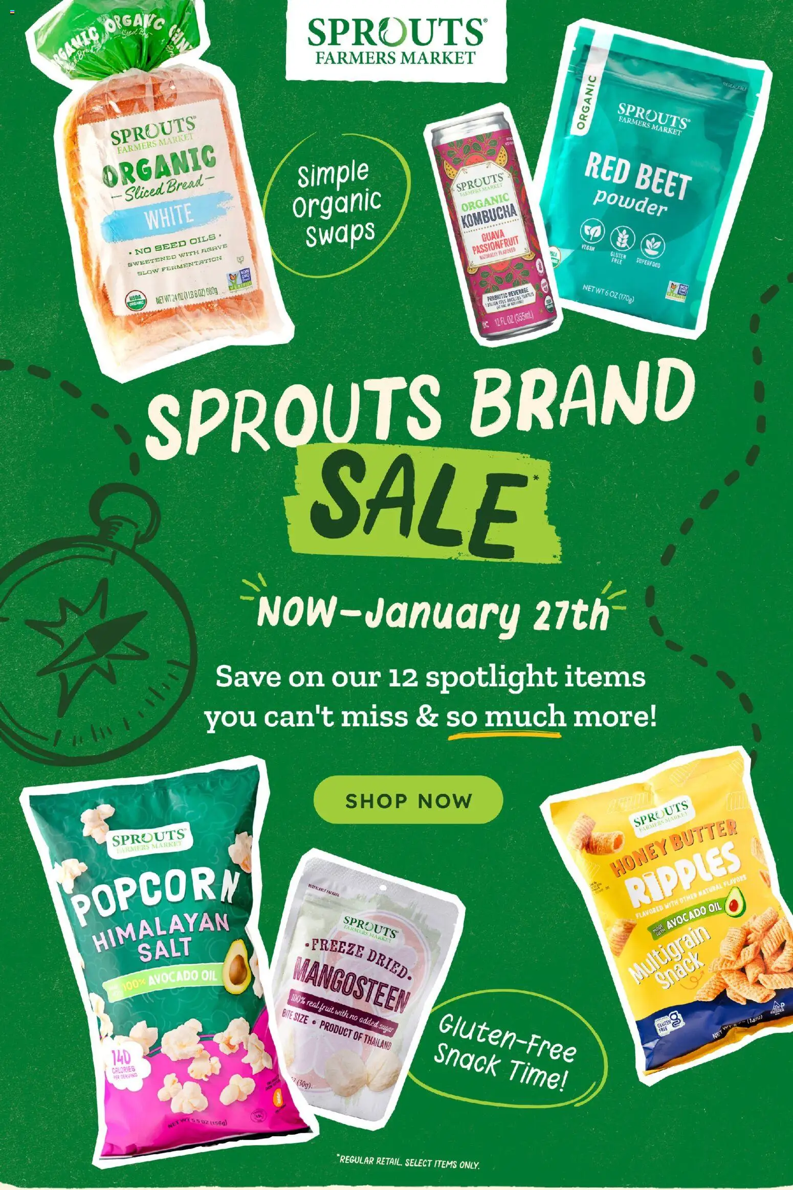 Sprouts Weekly Ad - valid from 14.01.2026 | Page: 1 | Products: Powder, Butter, Bread, Avocado