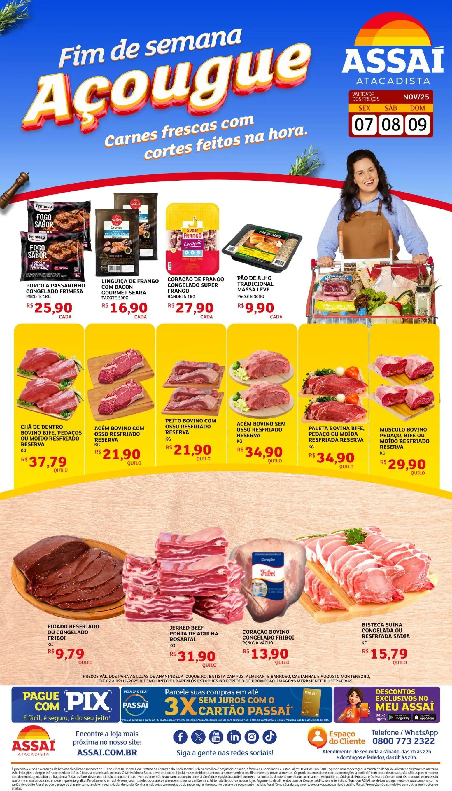 Assaí Atacadista Folheto - válido de 07.11.2025 | Página: 1 | Produtos: Coração de frango, Pão, Base, Telefone