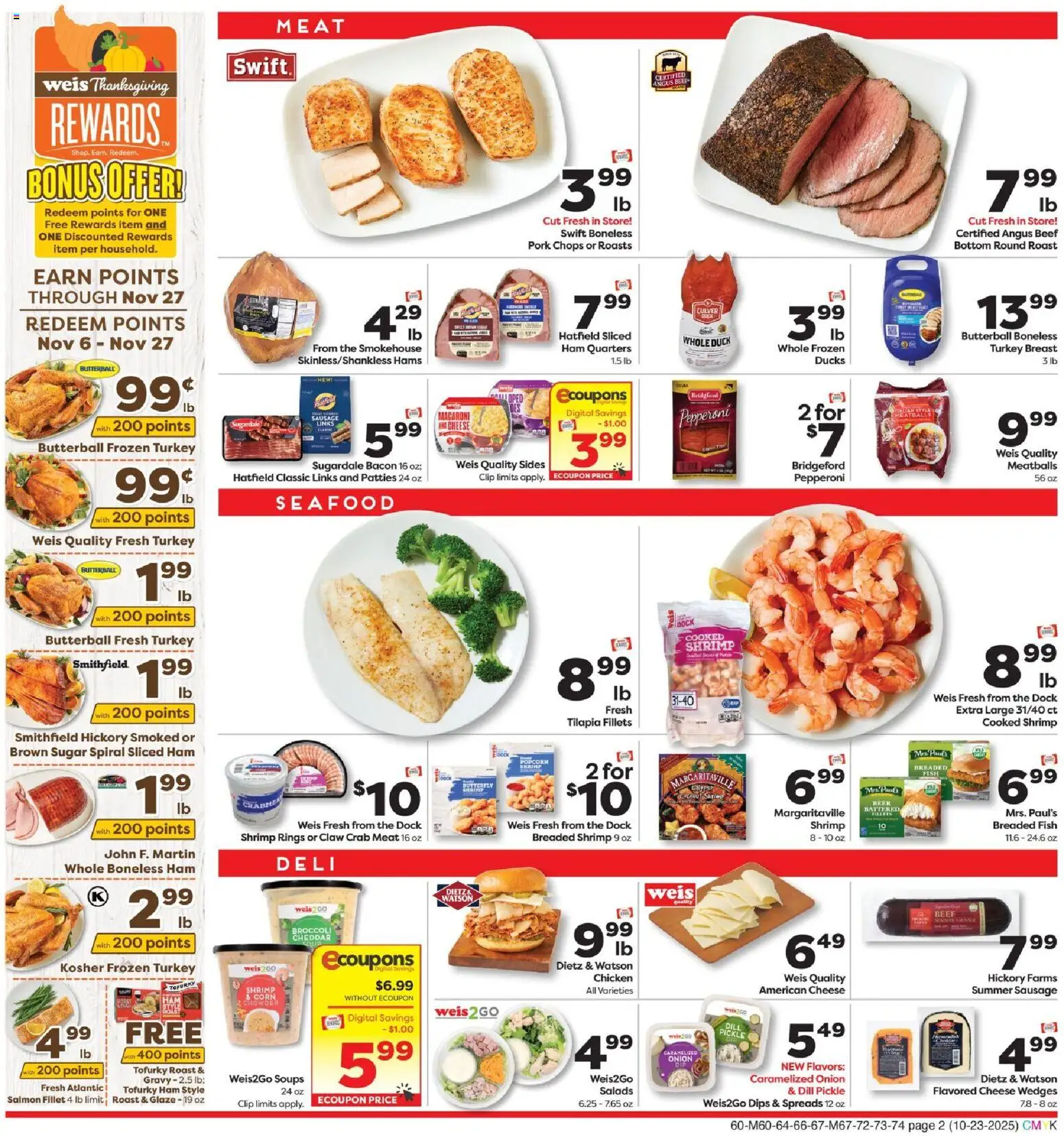 Weis Monthly Ad - valid from 23.10.2025 | Page: 2 | Products: Corn, Ham, Beef, Seafood