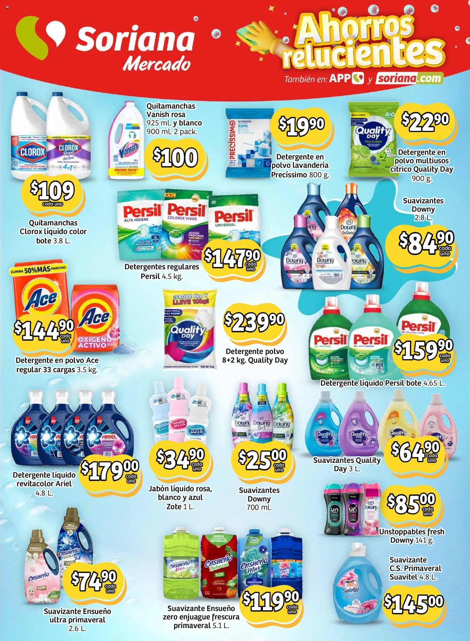 Nuevas ofertas de Soriana válidas en toda la República Mexicana desde el 15.01.2026. ¡Encuentra las mejores ofertas en Soriana - Ahorros relucientes Mercado Nacional! | Página: 8 | Productos: Quitamanchas, Jabón líquido, Suavizante, Jabón