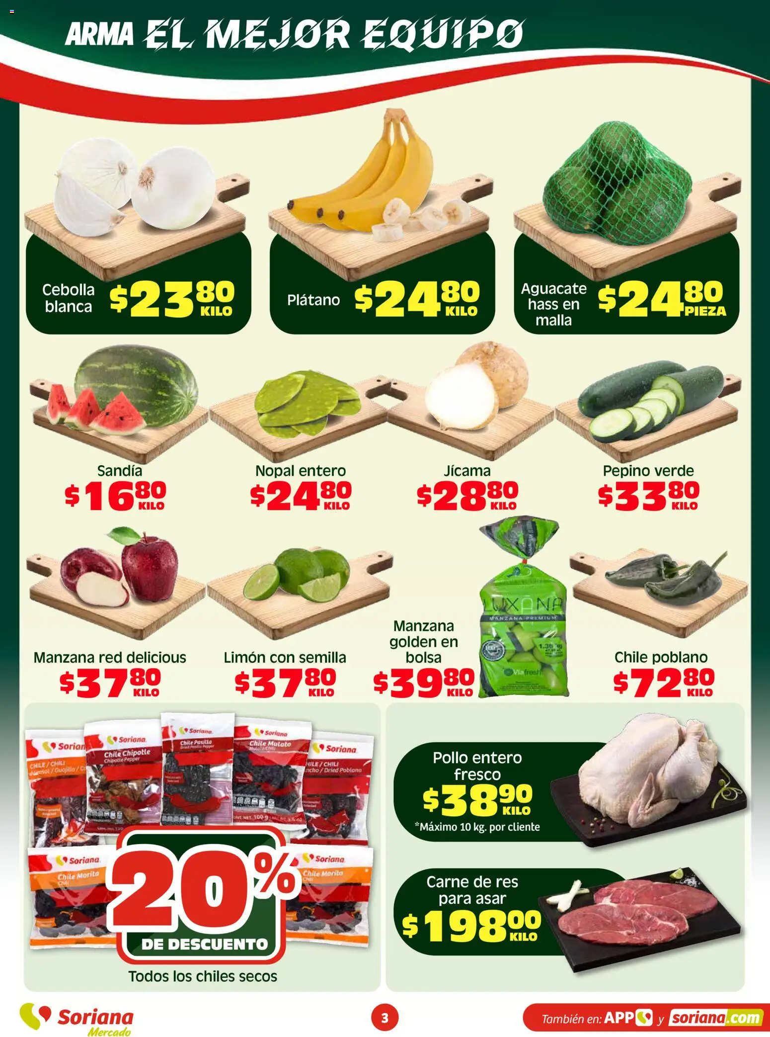 Nuevas ofertas de Soriana válidas en toda la República Mexicana desde el 03.04.2026. ¡Encuentra las mejores ofertas en Soriana Fin de Semana Mercado: Nuevo León! | Página: 3 | Productos: Pollo, Plátano, Manzana, Malla