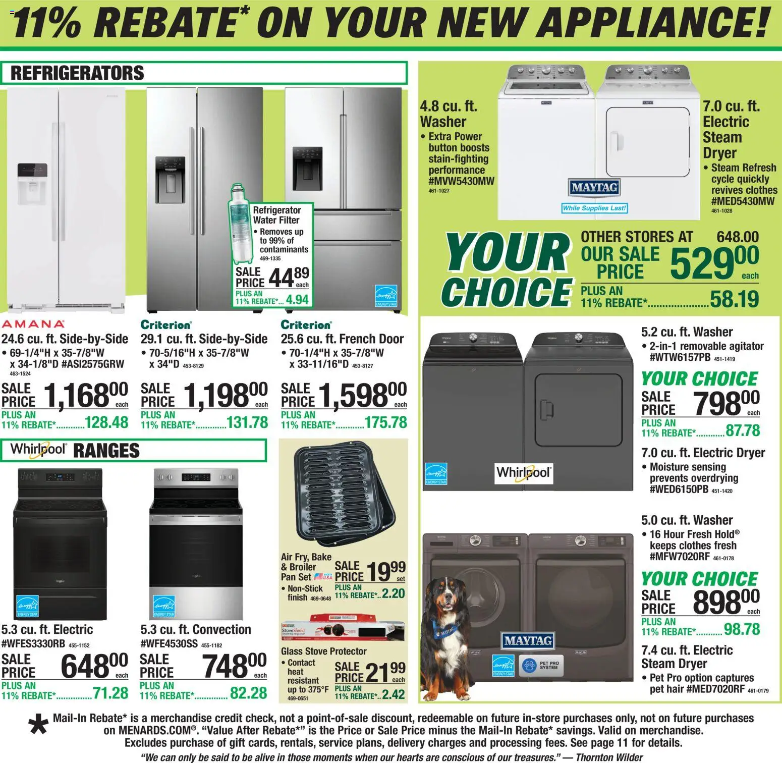 Menards Weekly Ad - valid from 09.04.2026 | Page: 15 | Products: Pan, Water Filter, Washer, Refrigerator