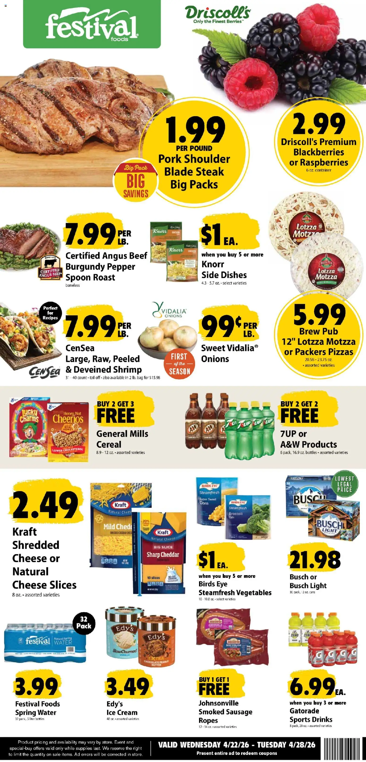 Festival Foods Weekly Ad - valid from 22.04.2026 | Page: 1 | Products: Butter, Cheese, Beef, Vegetables