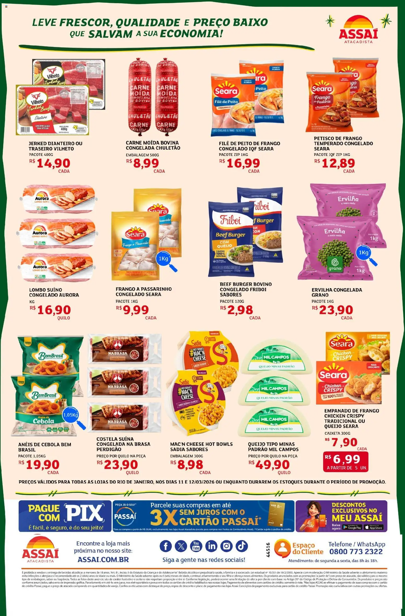 Assaí Atacadista Folheto - válido de 11.03.2026 | Página: 2 | Produtos: Queijo, Chuletão, Telefone, Carne moída