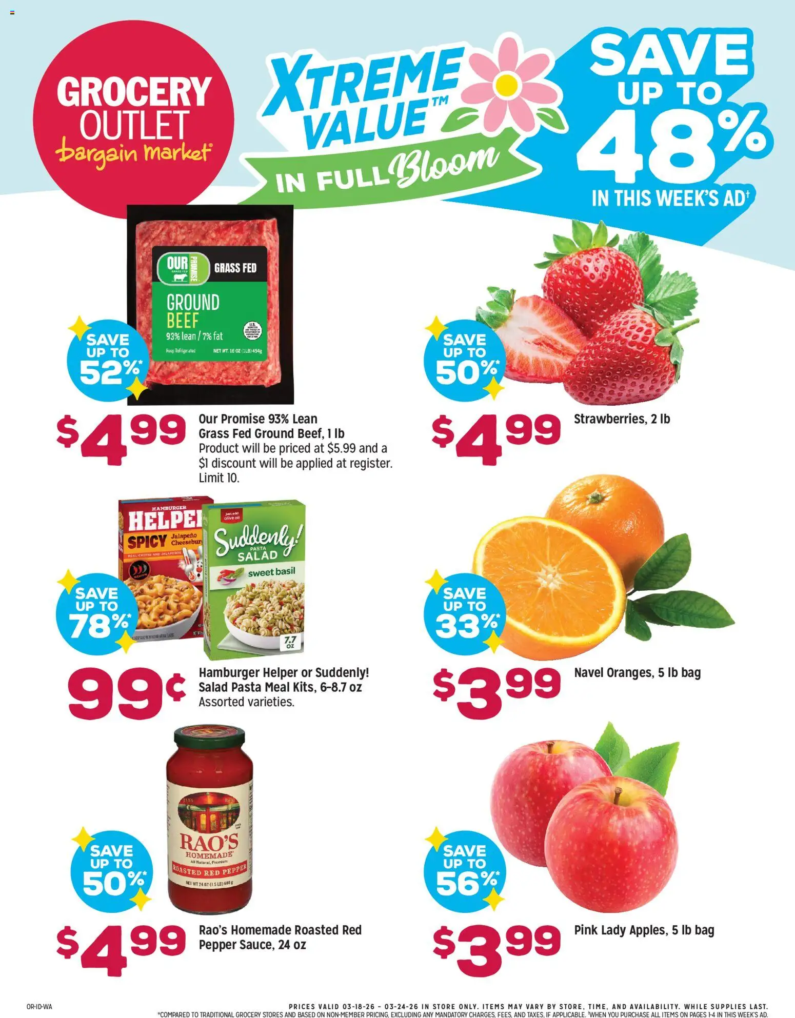 Grocery Outlet Weekly Ad - valid from 18.03.2026 | Page: 1 | Products: Cheese, Beef, Salad, Bag