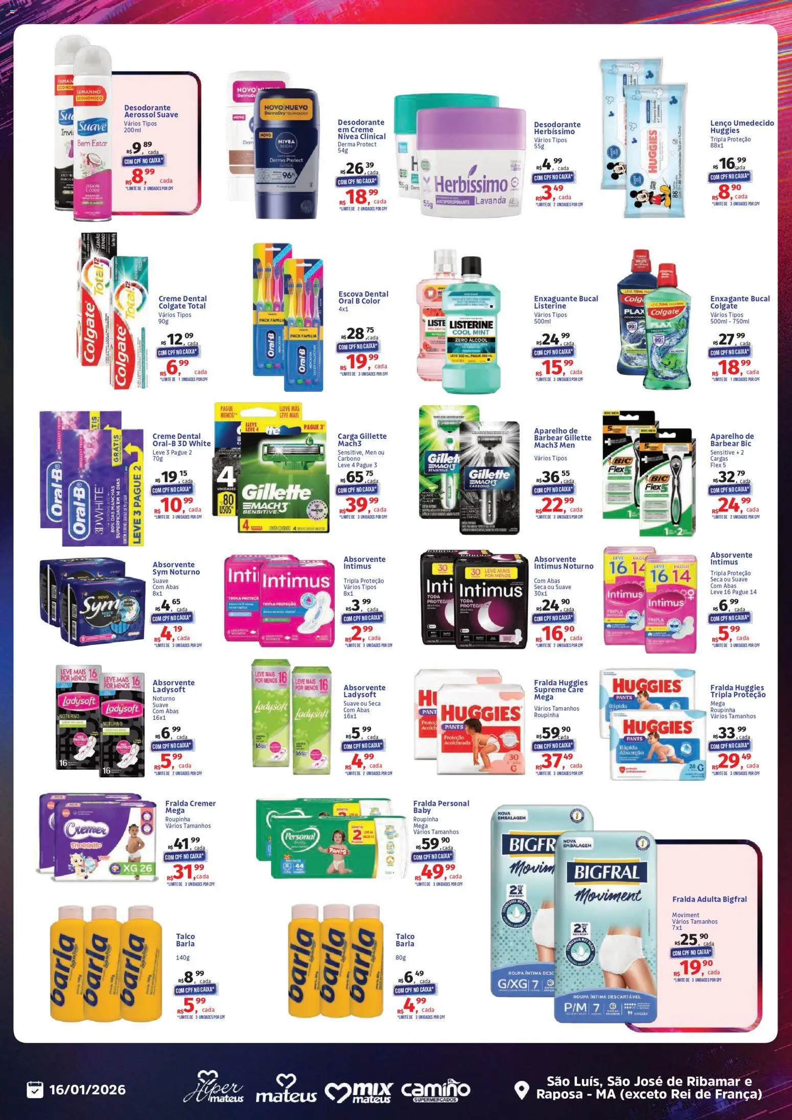 Mateus Folheto - válido de 16.01.2026 | Página: 13 | Produtos: Talco, Antiperspirante, Creme, Absorvente