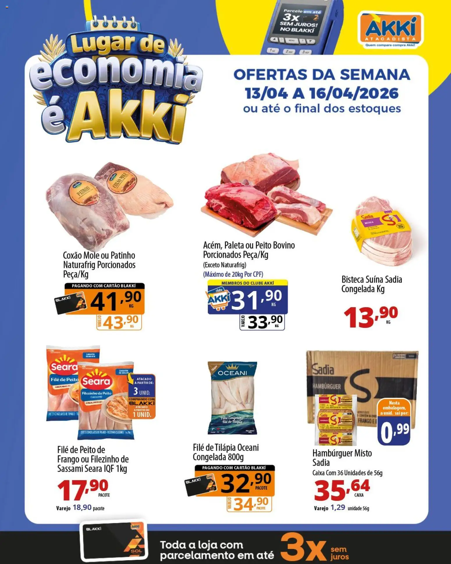 Akki Atacadista Folheto - válido de 13.04.2026 | Página: 2 | Produtos: Tilápia, Hambúrguer, Frango, Filé de tilápia