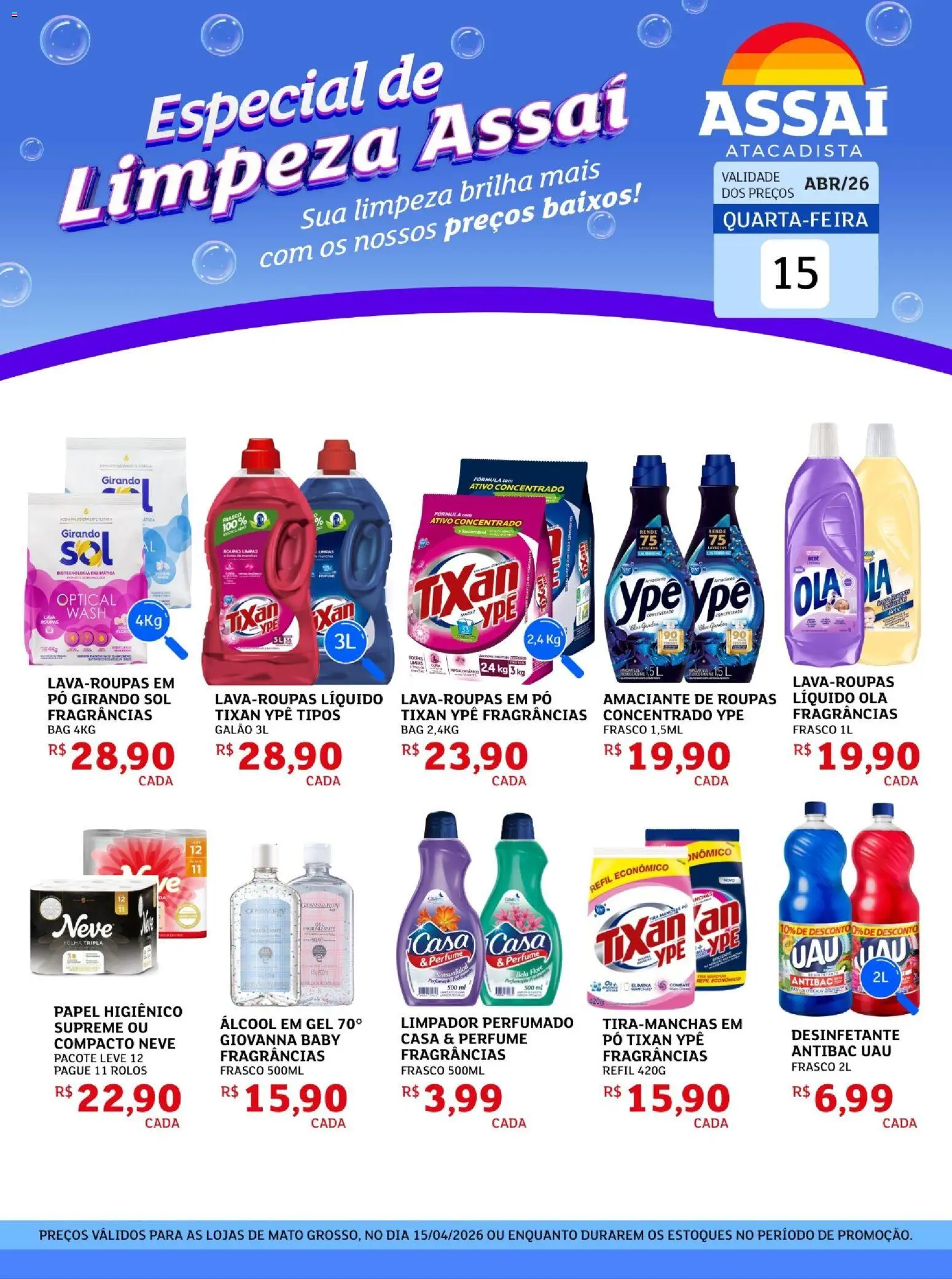 Assaí Atacadista Folheto - válido de 15.04.2026 | Página: 1 | Produtos: Pó, Girando sol, Álcool em gel, Papel higiênico