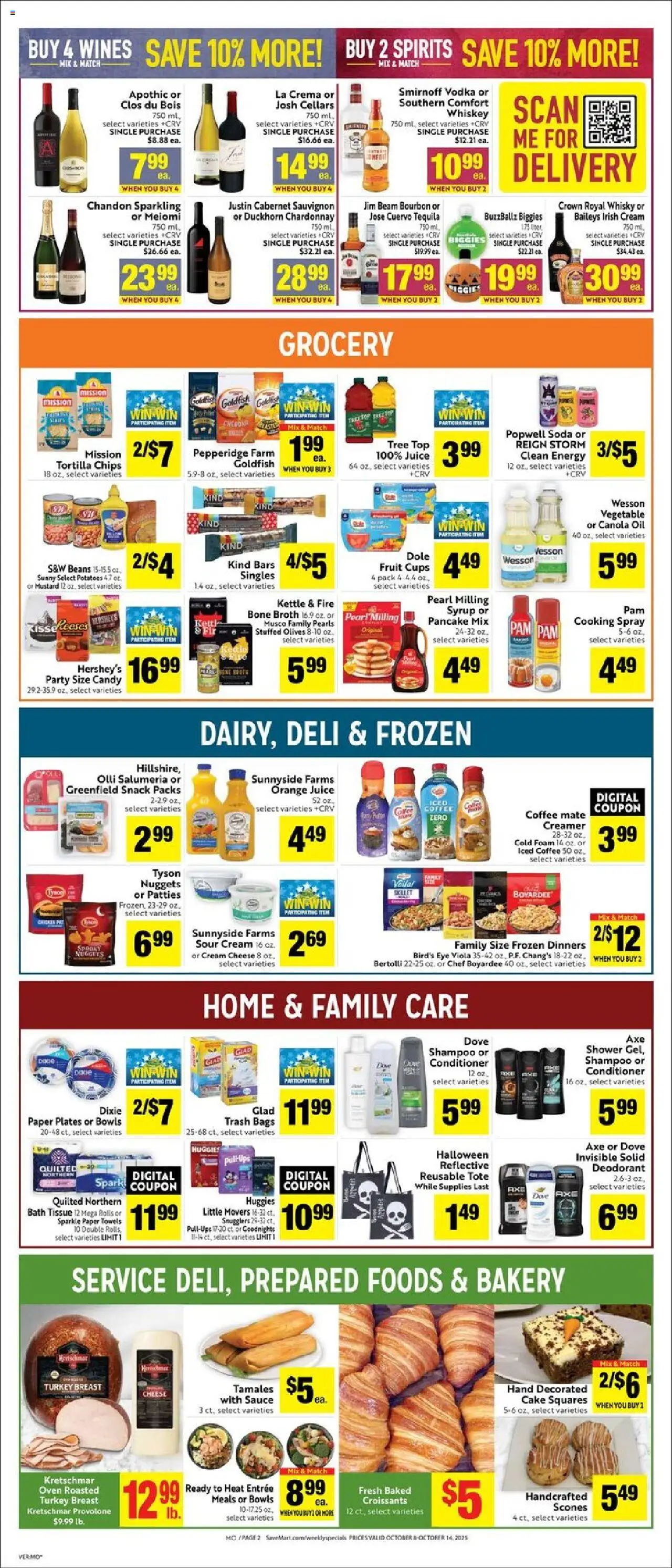 Save Mart Weekly - CA - valid from 08.10.2025 | Page: 2 | Products: Shower, Cheese, Whiskey, Croissants