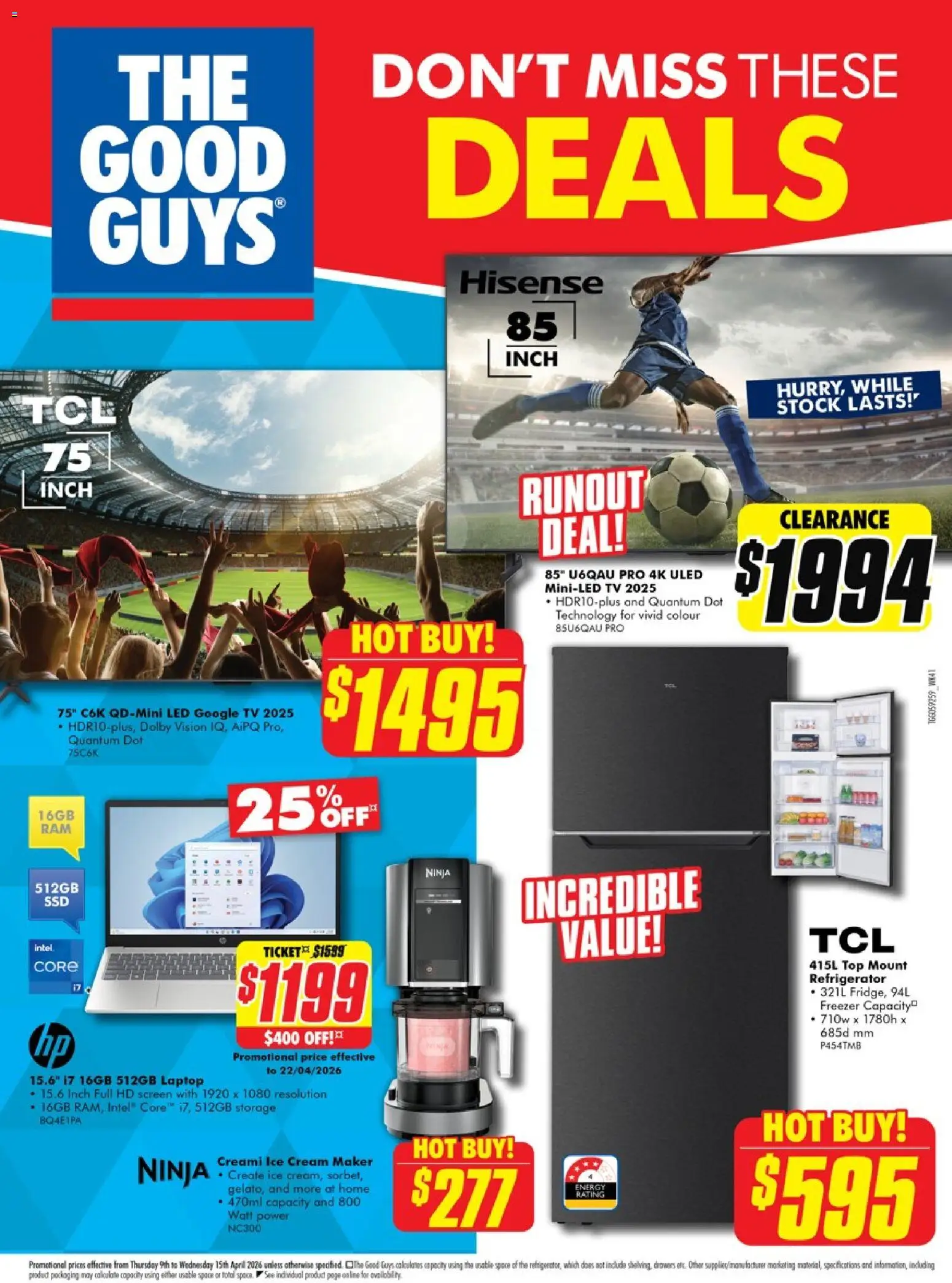 The Good Guys catalogue - valid from 08.04.2026 | Page: 1 | Products: Cream, Ice cream, Laptop, Freezer
