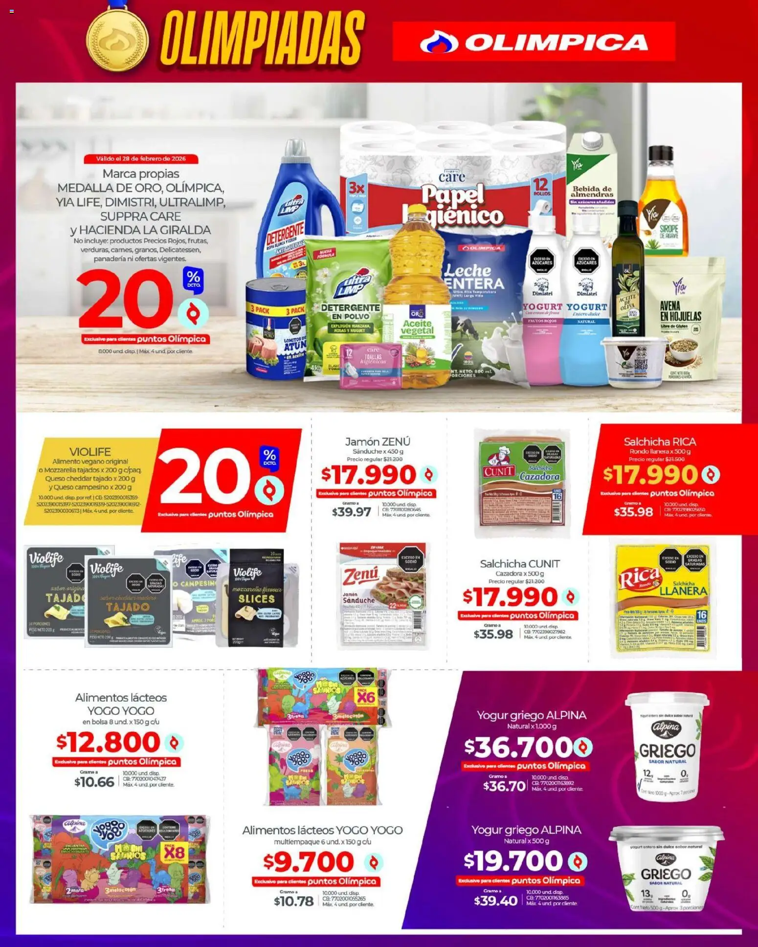 Olímpica revista - valida desde el 13.02.2026 | Página: 12 | Productos: Toallas, Polvo, Leche, Jamón