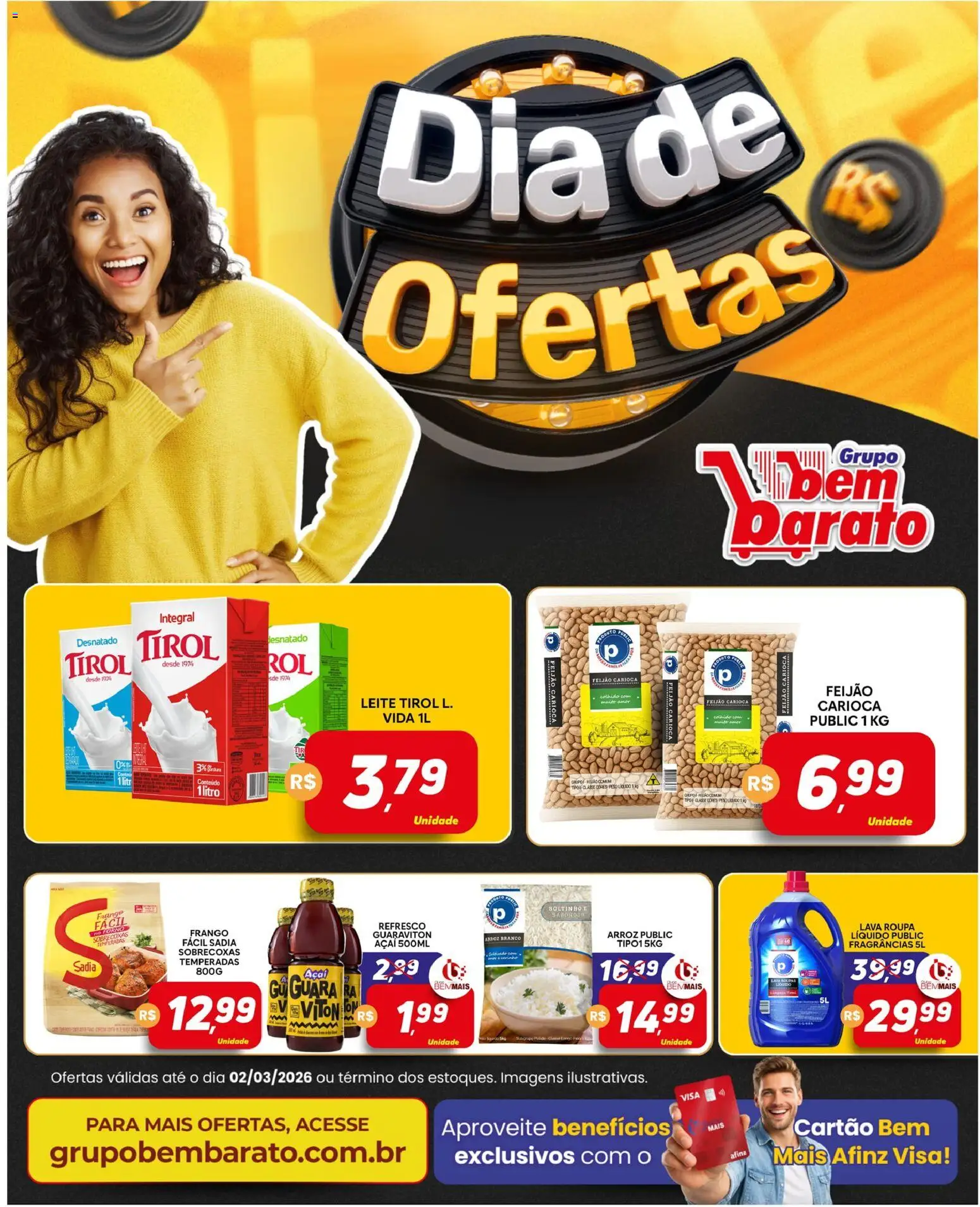 Supermercado Bem Barato Folheto - válido de 24.02.2026 | Página: 1 | Produtos: Feijão, Leite, Frango, Açaí