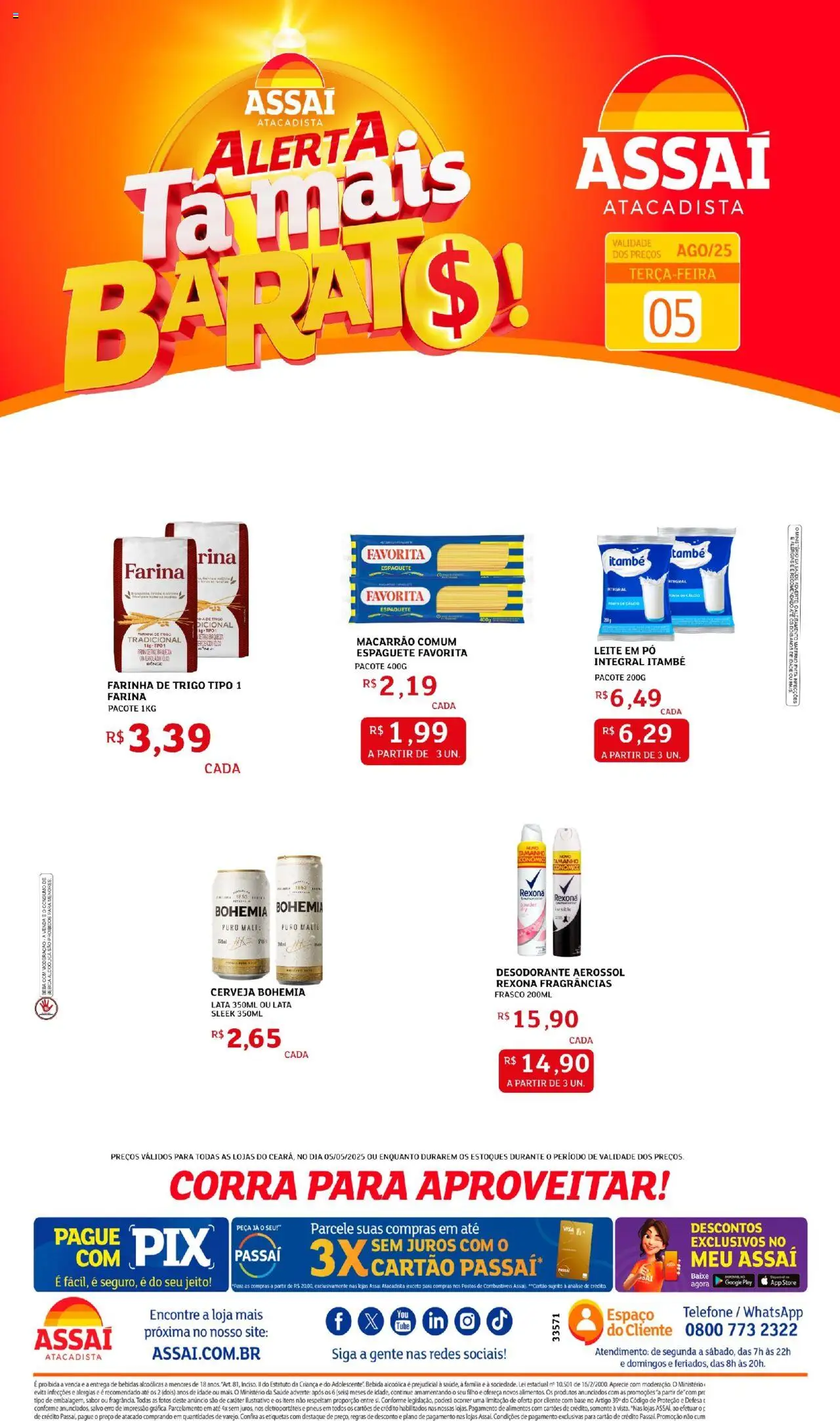 Assaí Atacadista Folheto - válido de 05.08.2025 | Página: 1 | Produtos: Pó, Farinha de trigo, Cálcio, Leite em pó