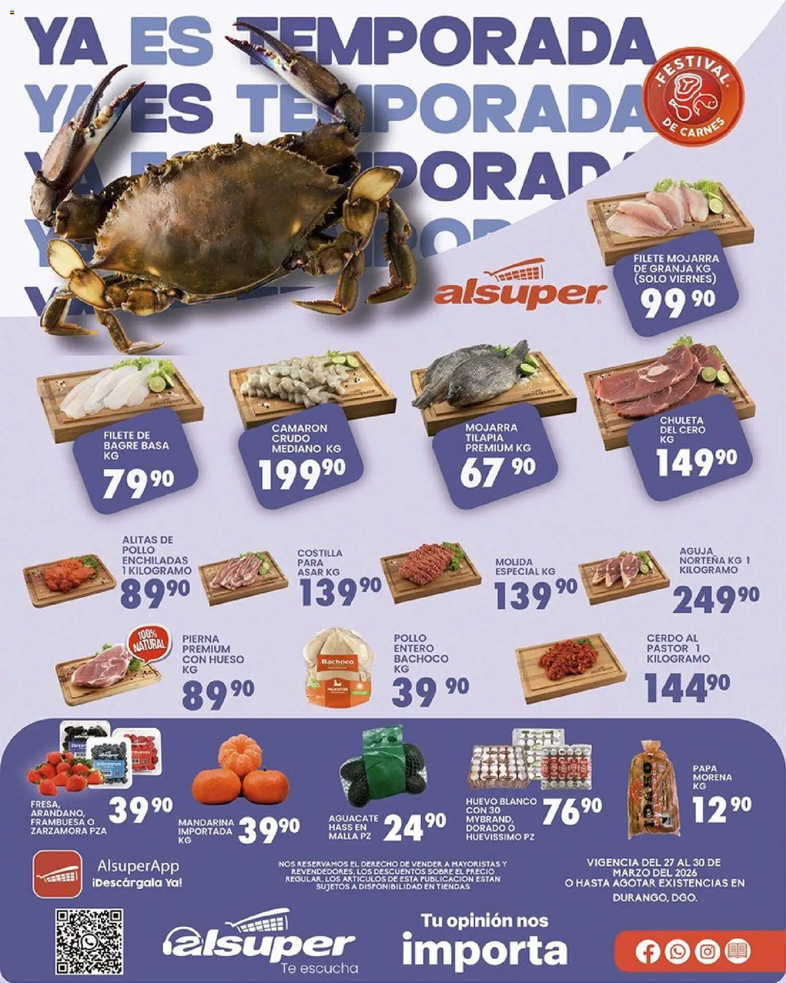 Nuevas ofertas de Alsuper válidas en toda la República Mexicana desde el 27.03.2026. ¡Encuentra las mejores ofertas en Alsuper folleto Durango! | Página: 1 | Productos: Pollo, Té, Malla, Sobre