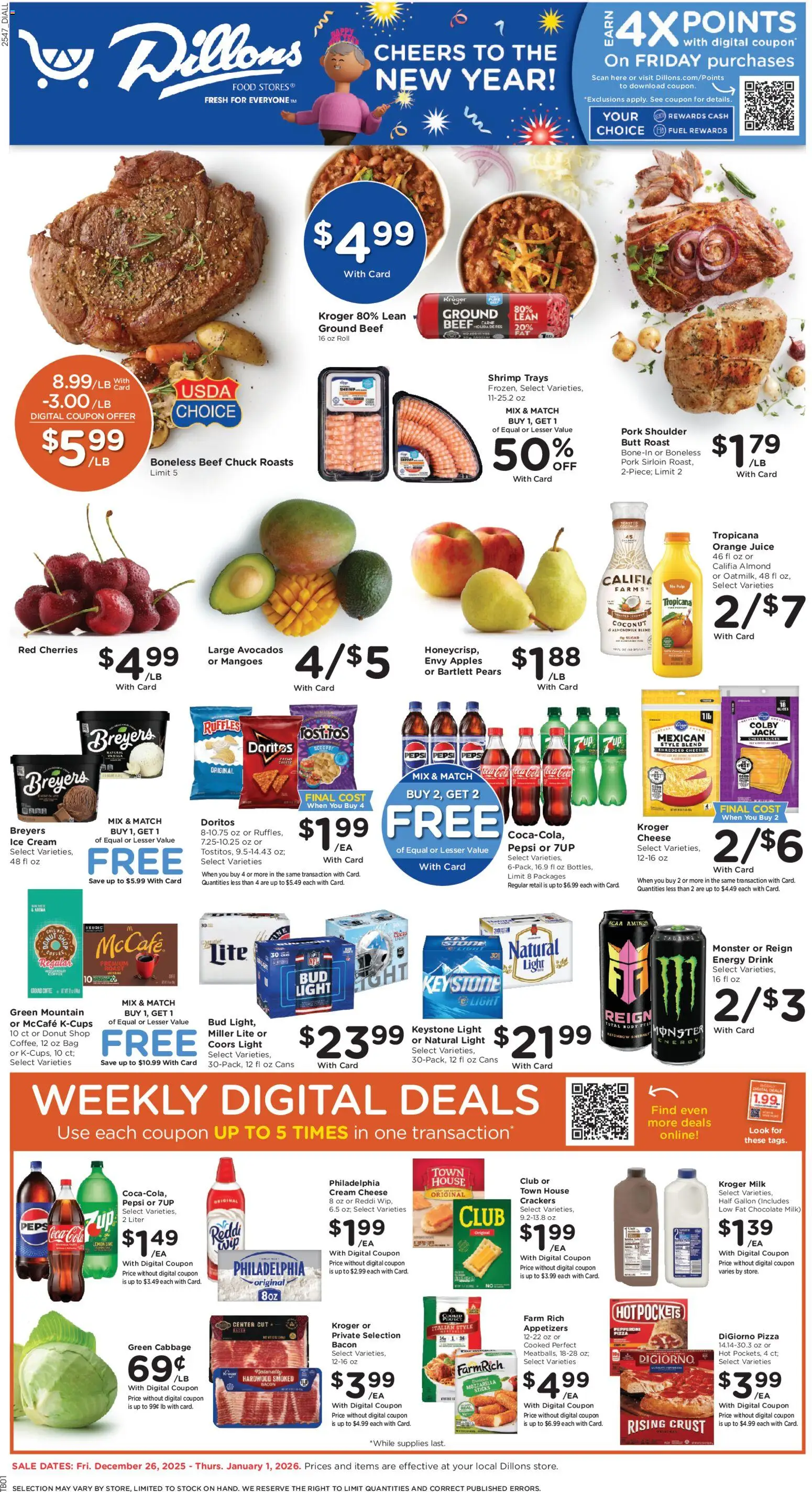Dillons Weekly Ad - valid from 26.12.2025 | Page: 1 | Products: Pizza, Juice, Apples, Bag