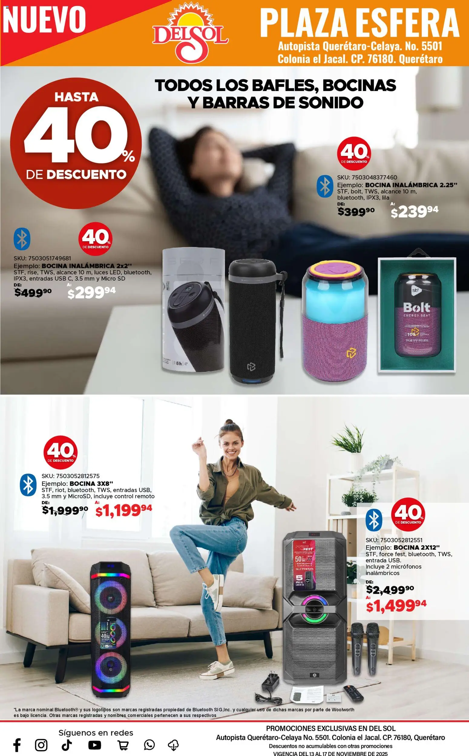 Nuevas ofertas de Del Sol y Woolworth válidas en toda la República Mexicana desde el 13.11.2025. ¡Encuentra las mejores ofertas en Del Sol y Woolworth catálogo Apertura Querétaro Esfera 1201! | Página: 20 | Productos: Usb, Micro SD, Control remoto, Bocina