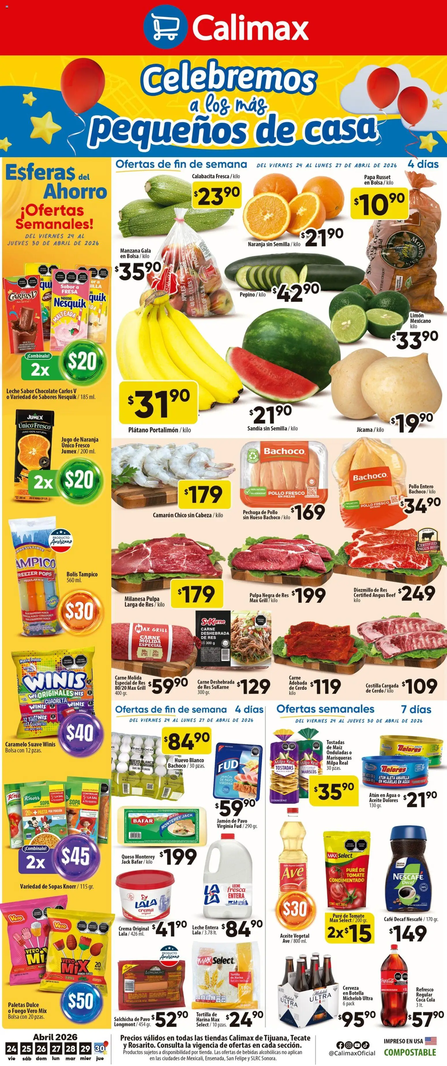 Nuevas ofertas de Calimax válidas en toda la República Mexicana desde el 24.04.2026. ¡Encuentra las mejores ofertas en Calimax folleto Tijuana! | Página: 1 | Productos: Salchicha, Sopa, Agua, Jugo