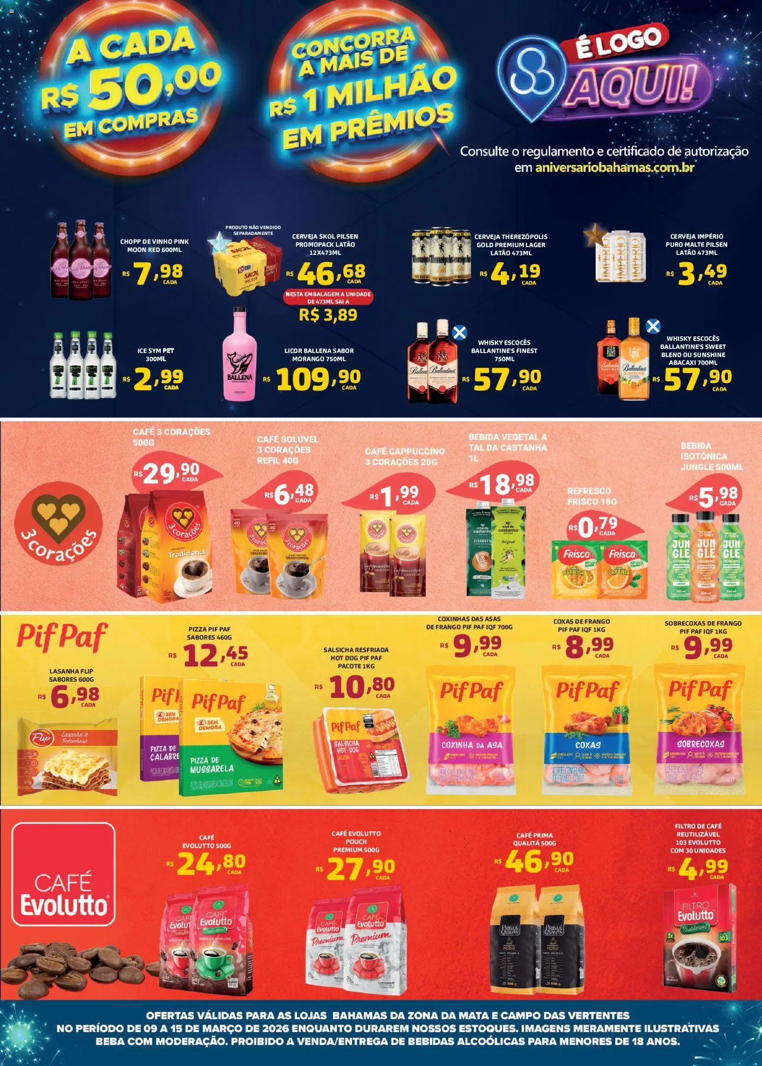 Bahamas Supermercados Folheto - válido de 09.03.2026 | Página: 3 | Produtos: Café, Vinho, Mussarela, Café solúvel