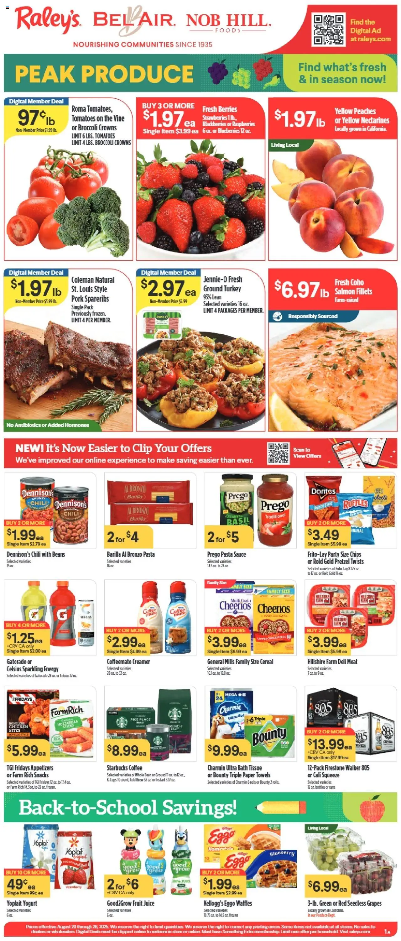 Raley's Weekly Ad - valid from 20.08.2025 | Page: 1 | Products: Clip, Yogurt, Strawberries, Sauce