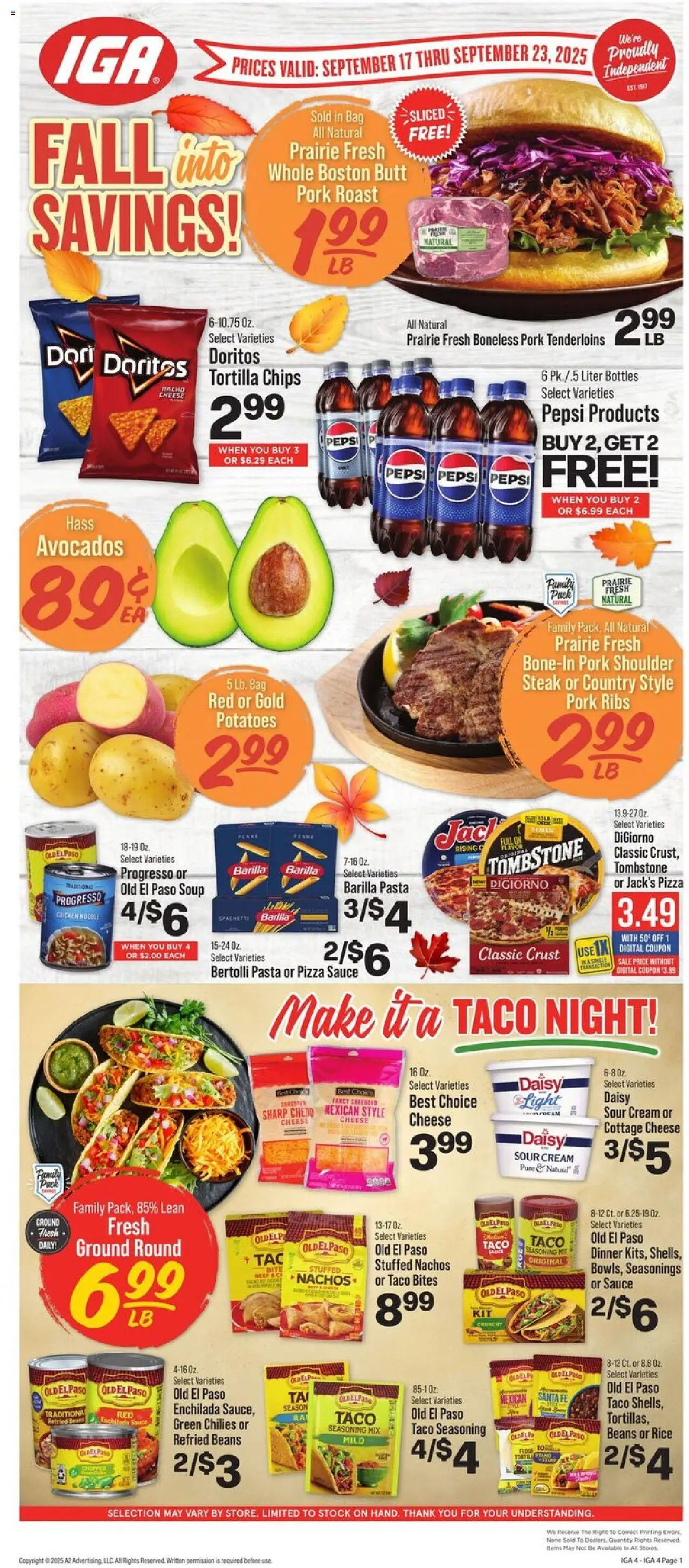 IGA Weekly Ad - valid from 17.09.2025 | Page: 1 | Products: Pizza, Sour cream, Pasta, Cottage cheese