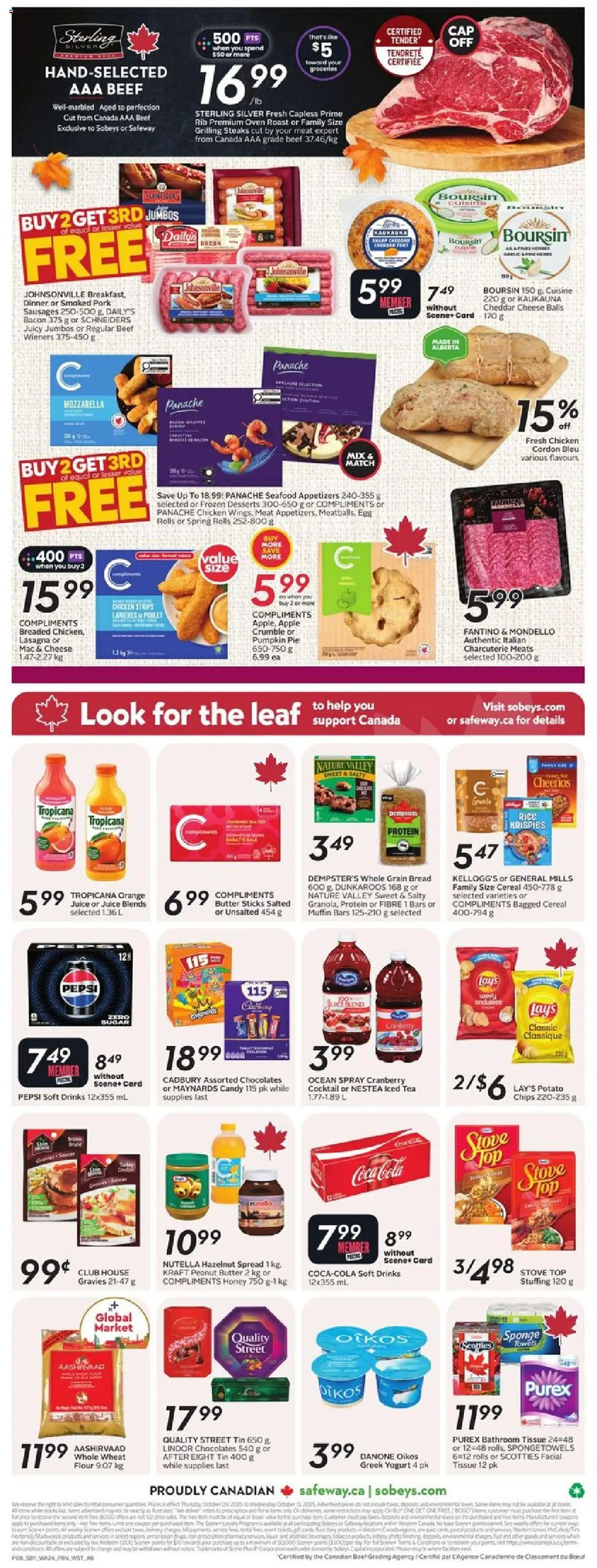 Sobeys flyer valid from 09.10.2025 | Page: 4 | Products: Butter, Yogurt, Bread, Pork