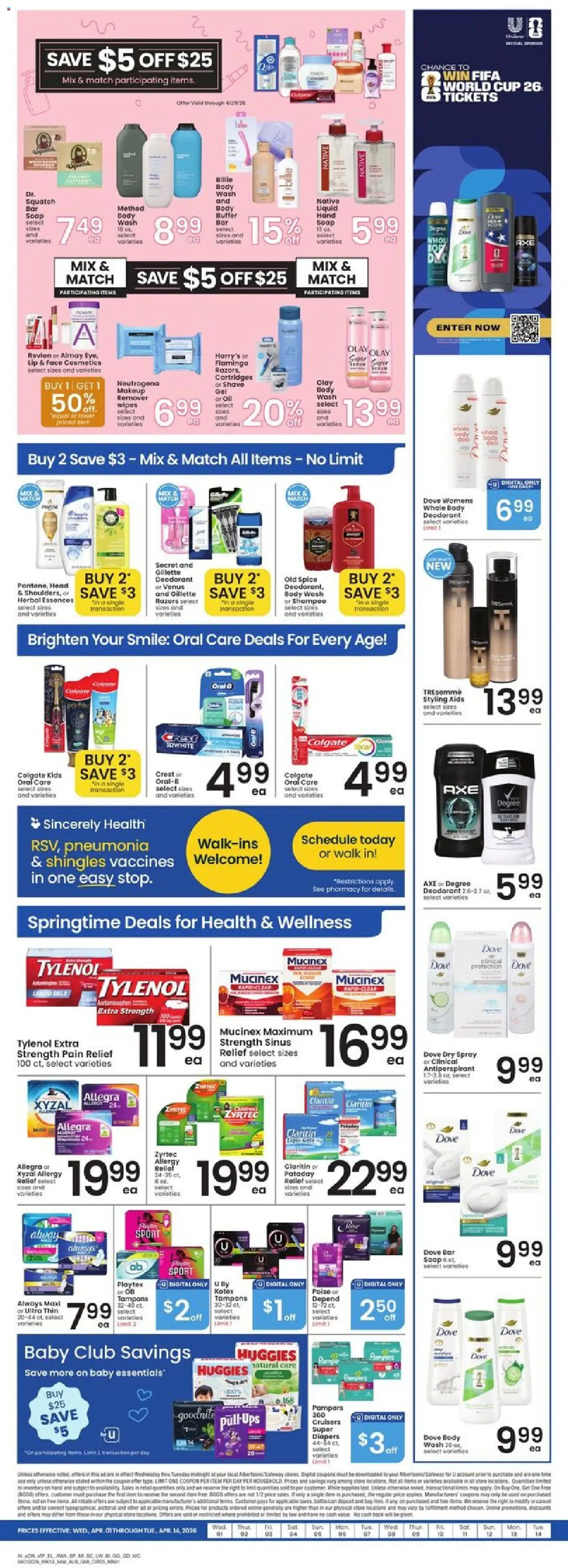Albertsons Weekly Ad - valid from 01.04.2026 | Page: 5 | Products: Soap, Deodorant, Tampons, Body Wash
