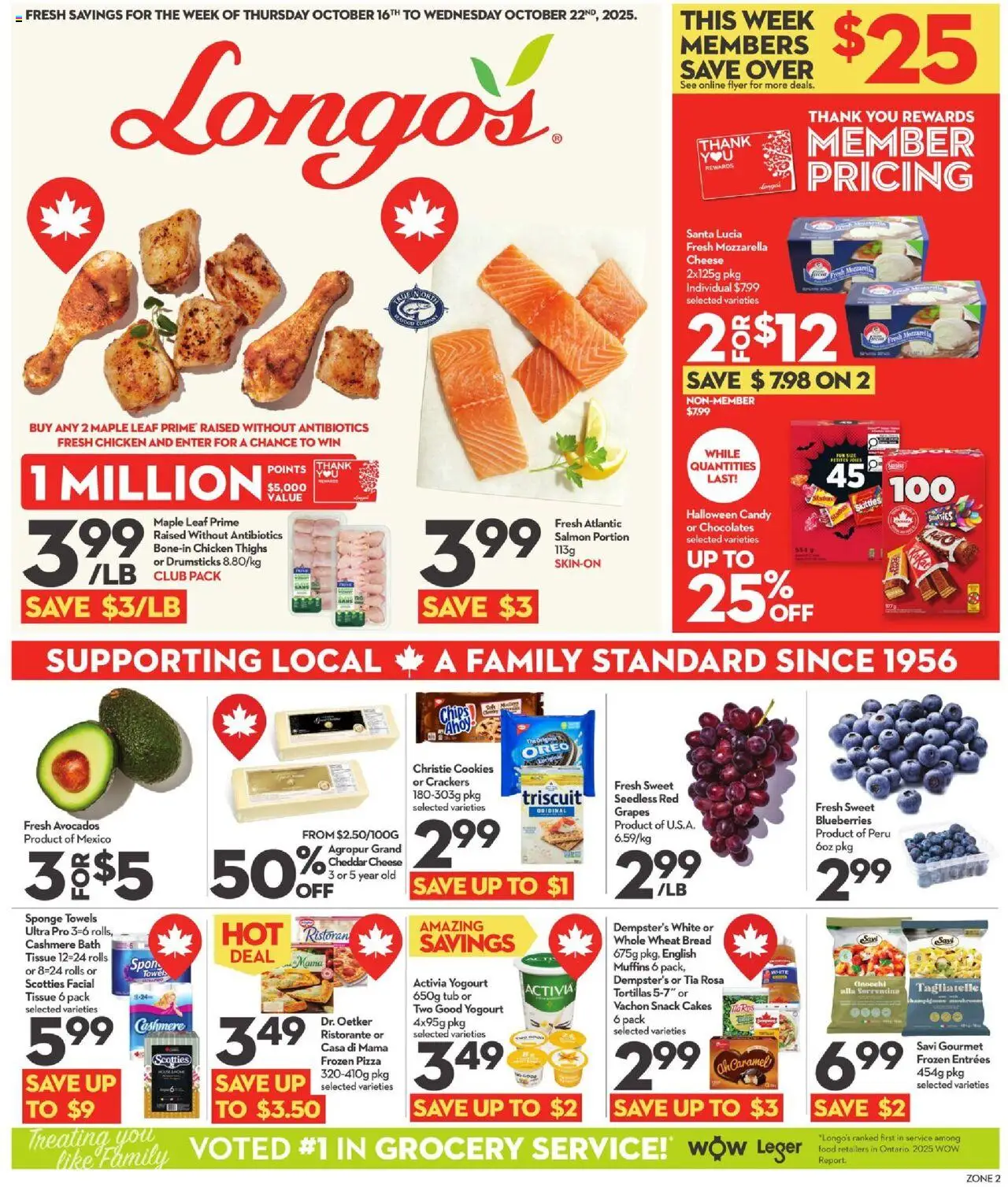 Longo's flyer valid from 16.10.2025 | Page: 1 | Products: Chips, Cookies, Sponge, Bread