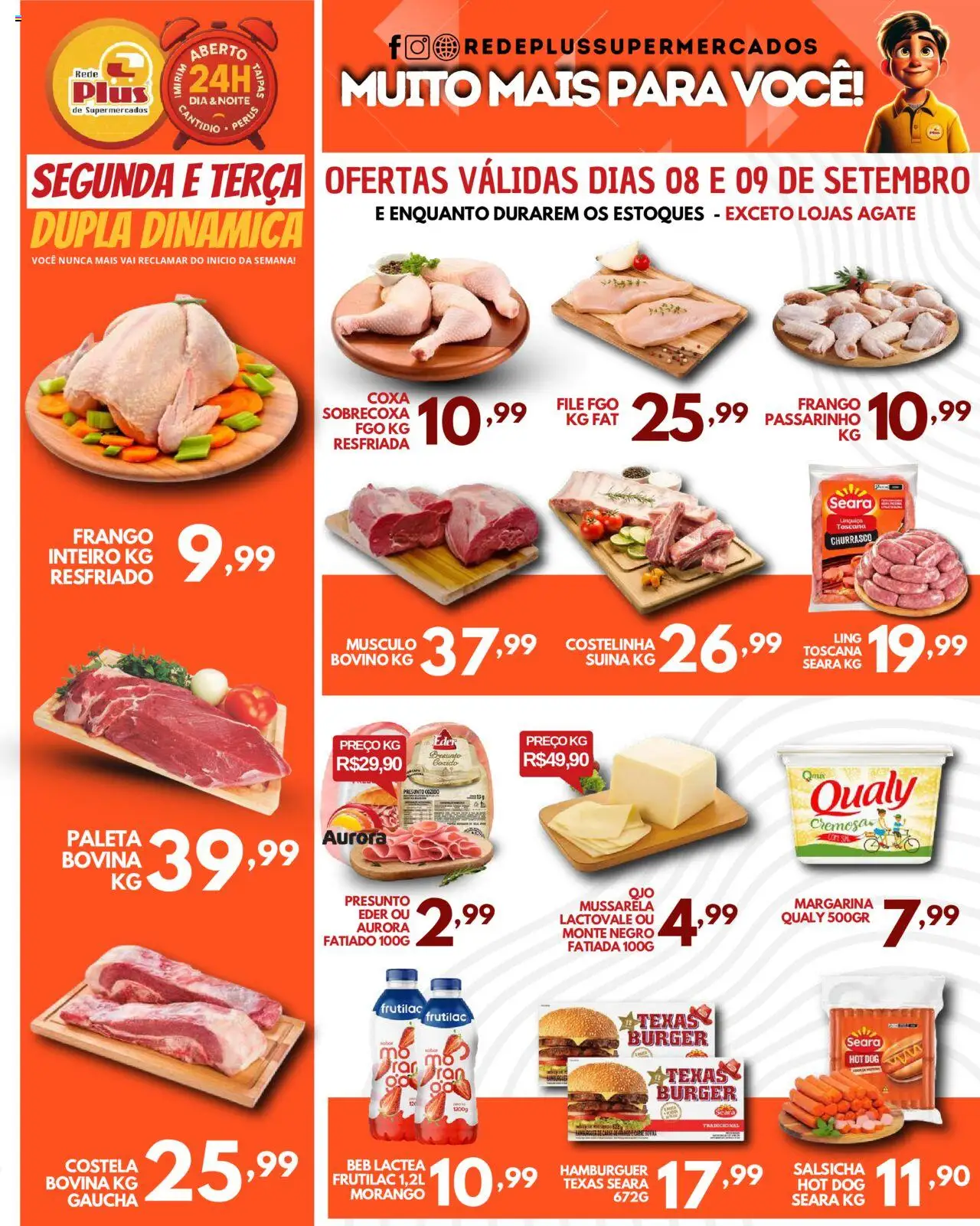 Rede Plus Supermercados Folheto - válido de 08.09.2025 | Página: 1 | Produtos: Hambúrguer, Frango, Mussarela, Margarina