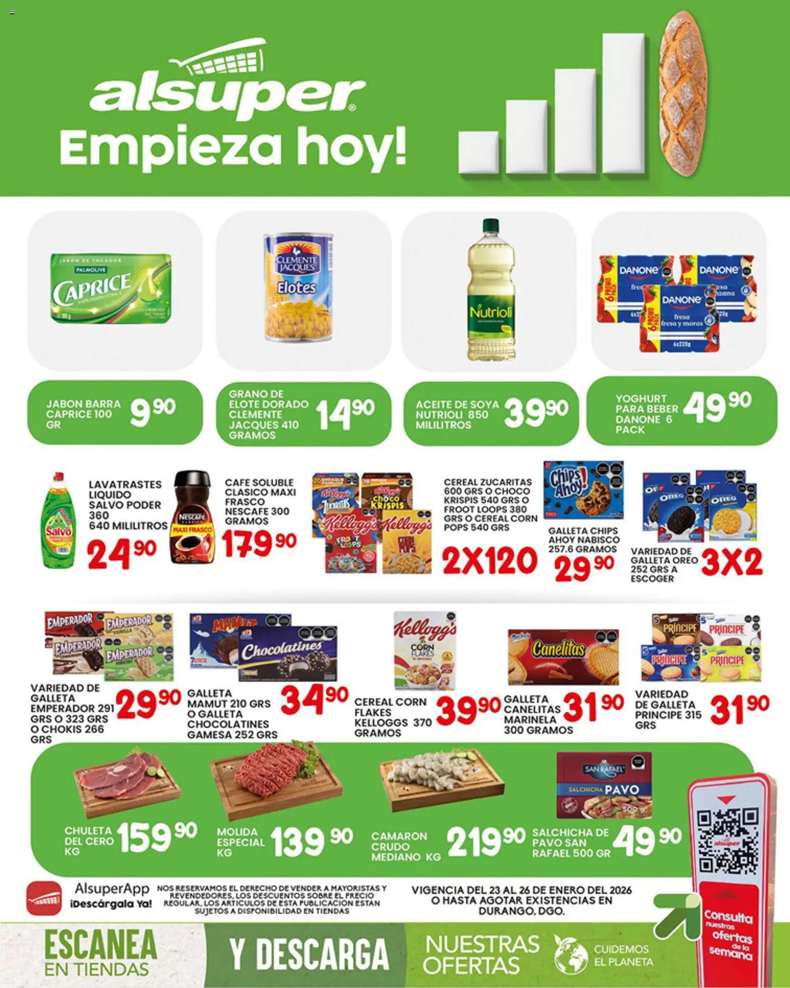 Nuevas ofertas de Alsuper válidas en toda la República Mexicana desde el 23.01.2026. ¡Encuentra las mejores ofertas en Alsuper folleto Durango! | Página: 1 | Productos: Salchicha, Frasco, Café, Jabón