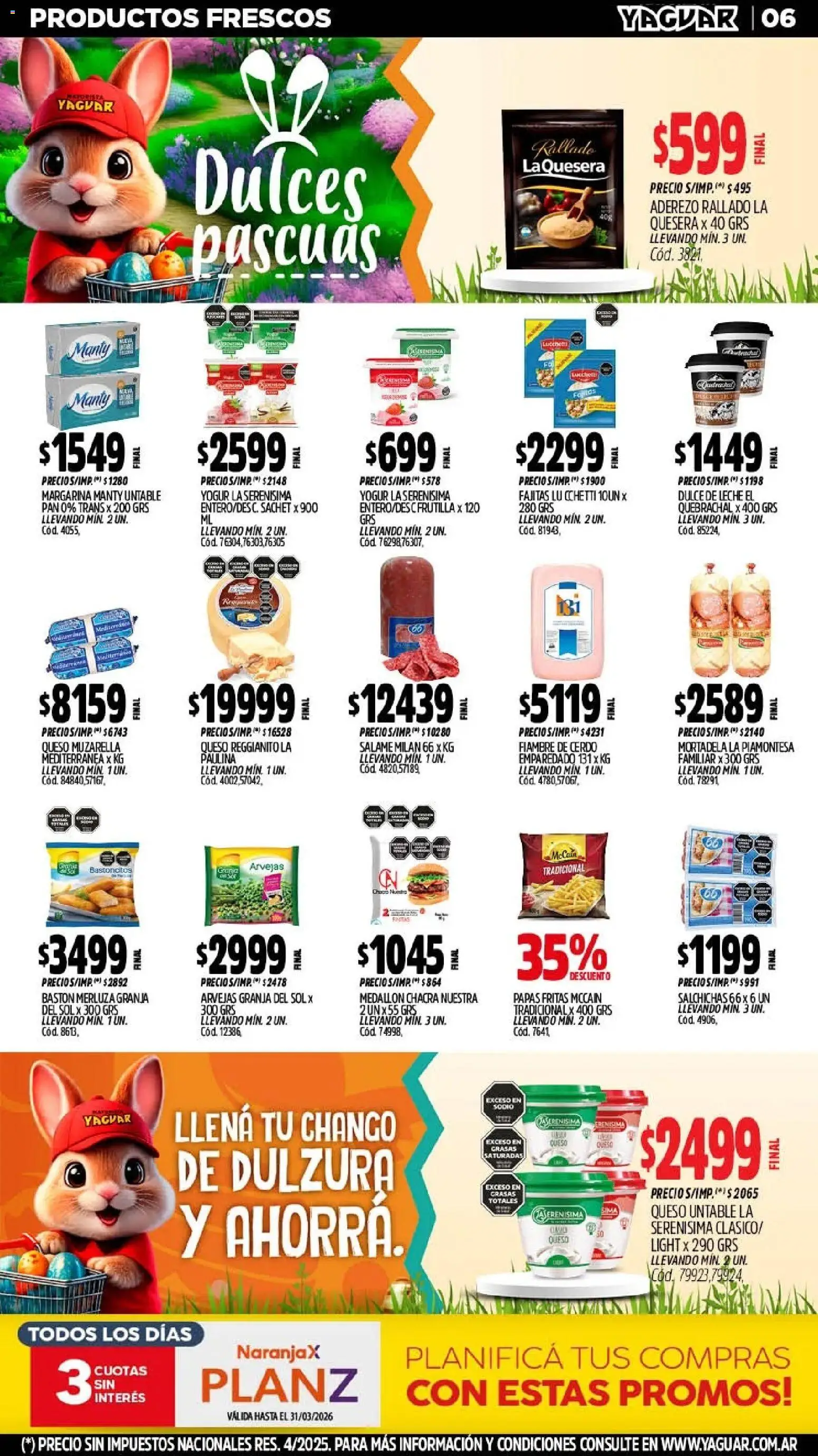 Yaguar - Oferta Semanal San Juan │ válido desde el 23.03.2026 | Página: 6 | Productos: Yogur, Salame, Margarina, Papas fritas