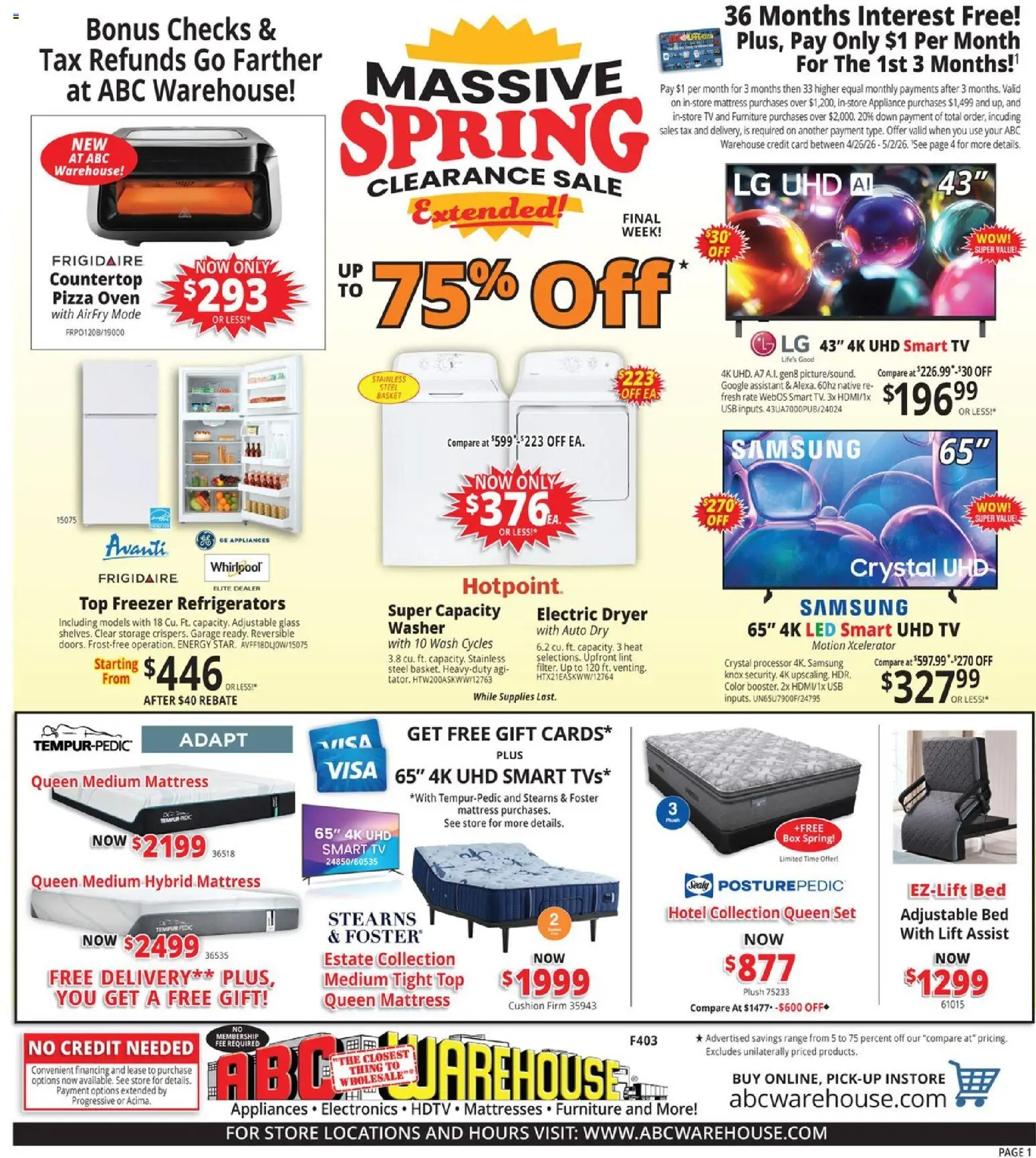 ABC Warehouse Weekly Ad - valid from 26.04.2026 | Page: 1 | Products: Bed, Mattress, Cushion, Dryer