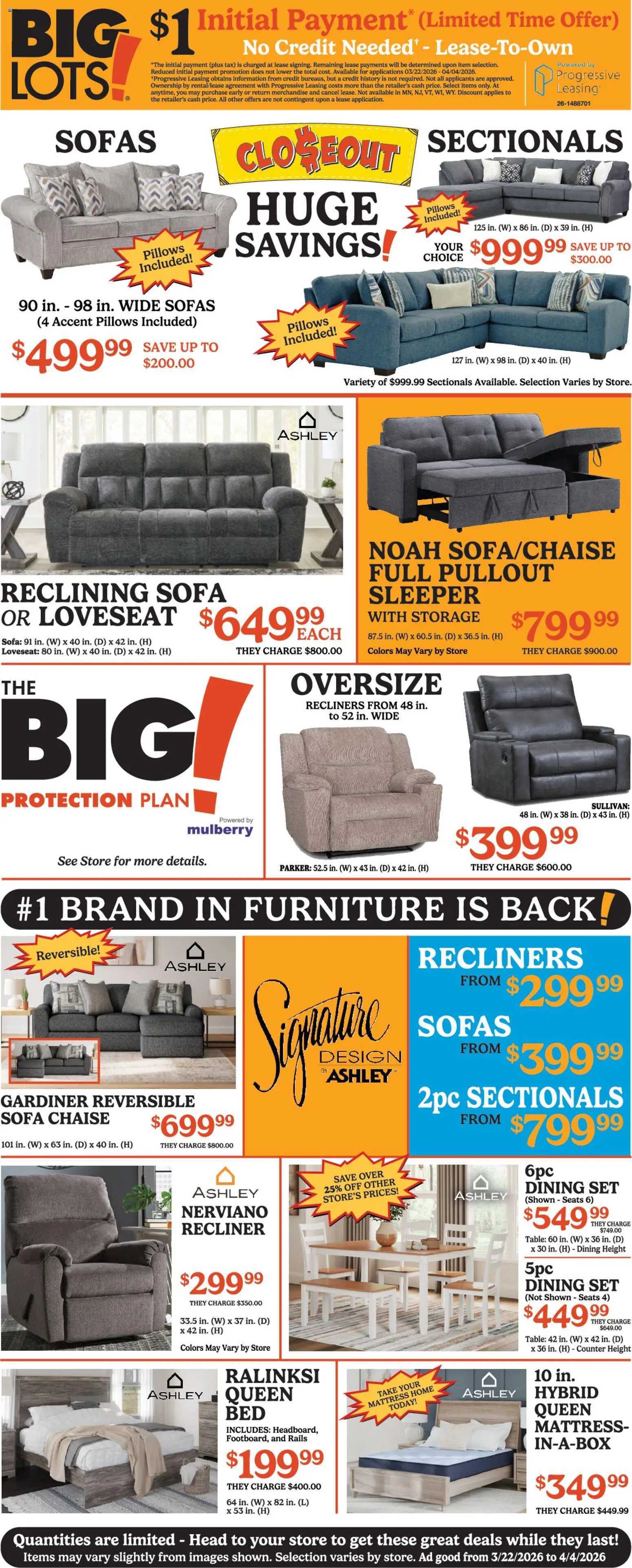 Big Lots Weekly Ad - valid from 22.03.2026 | Page: 2 | Products: Mattress, Sofa, Loveseat, Recliner