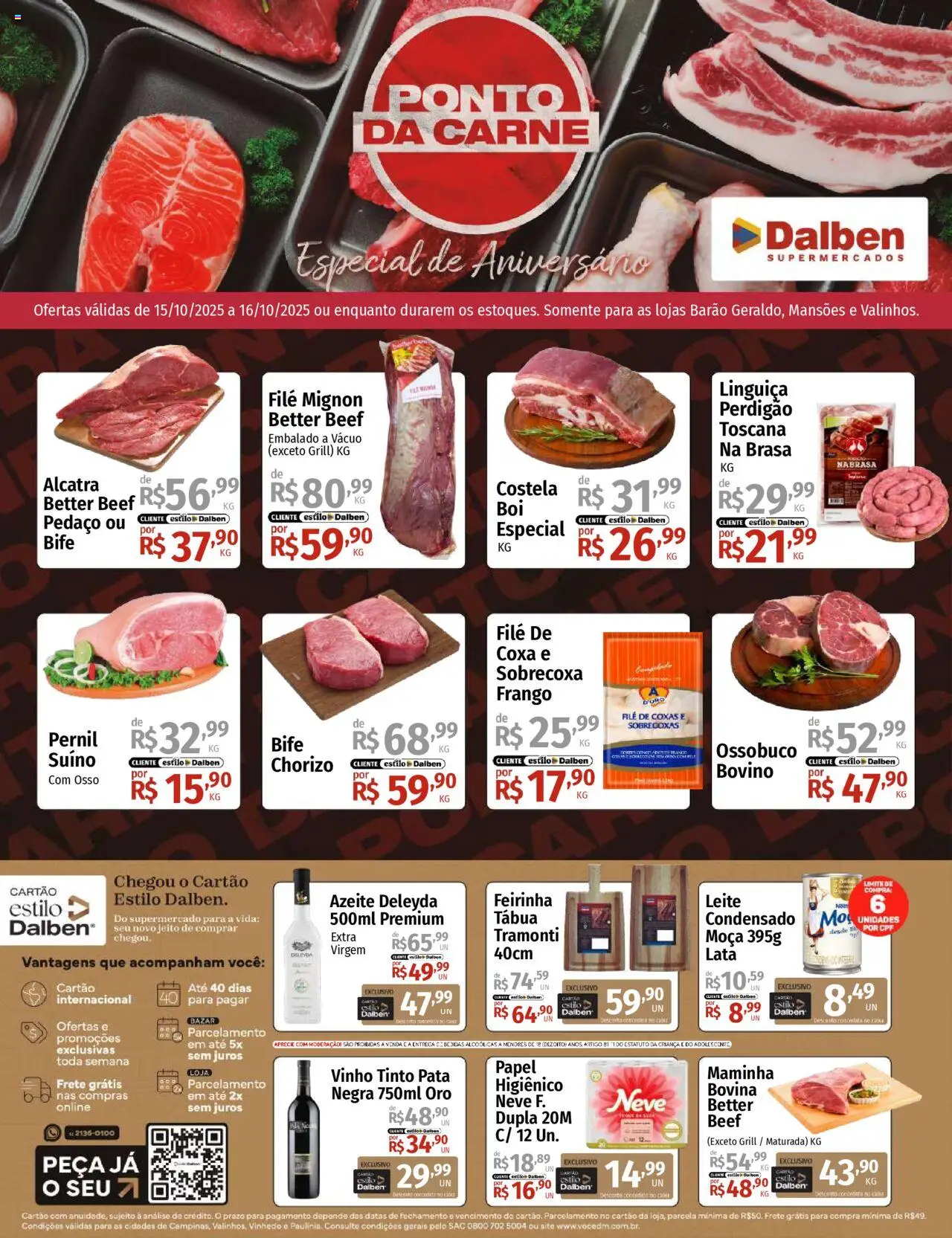 Supermercado Dalben Folheto - válido de 15.10.2025 | Página: 1 | Produtos: Linguiça, Alcatra, Filé mignon, Azeite