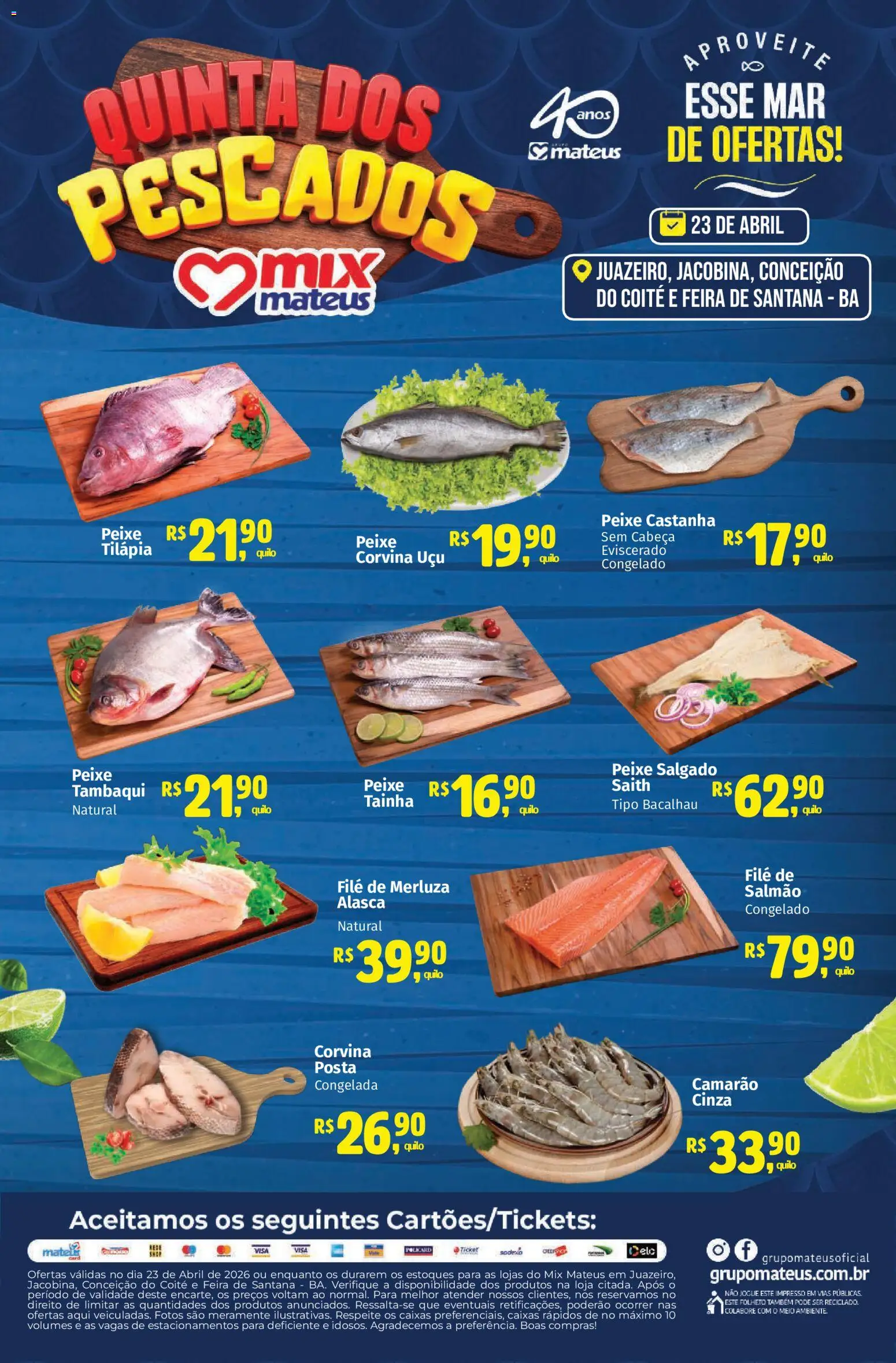 Mateus Folheto - válido de 23.04.2026 | Página: 1 | Produtos: Salmão, Bacalhau, Tilápia, Peixe