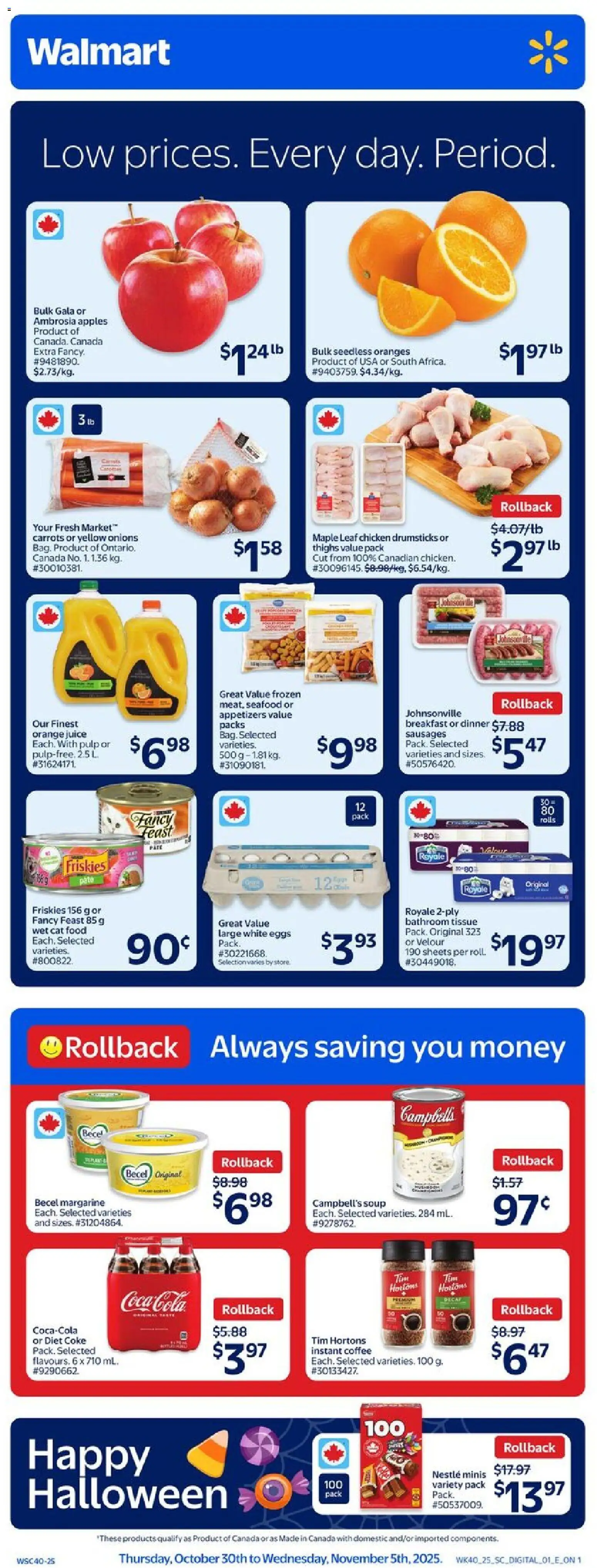 Walmart flyer valid from 30.10.2025 | Page: 1 | Products: Eggs, Coffee, Chicken, Oranges