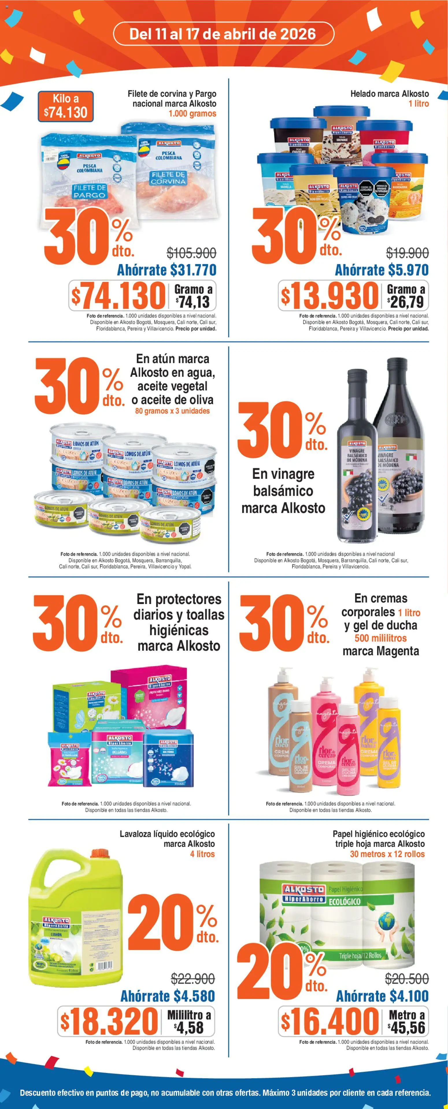 Alkosto revista - valida desde el 11.04.2026 | Página: 2 | Productos: Atún, Toallas, Ducha, Papel higiénico