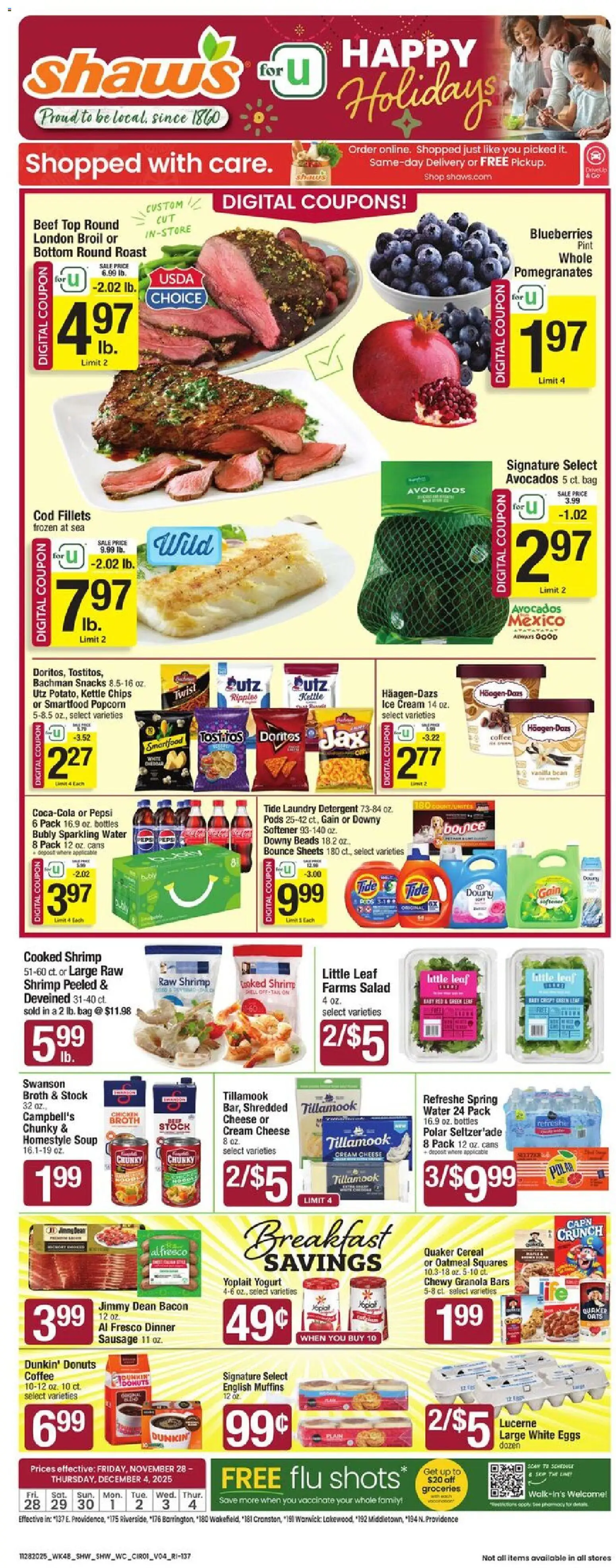 Shaw's Weekly Ad - RI - valid from 28.11.2025 | Page: 1 | Products: Cheese, Beef, Detergent, Chips