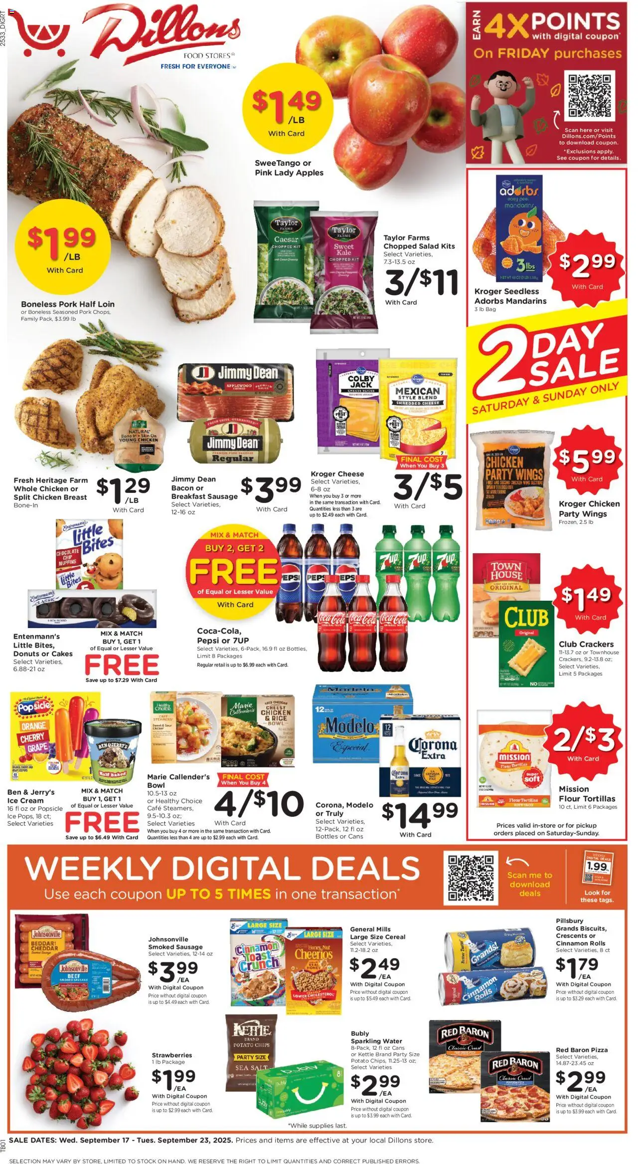 Dillons Weekly Ad - valid from 17.09.2025 | Page: 1 | Products: Mandarins, Chocolate, Chips, Sausage